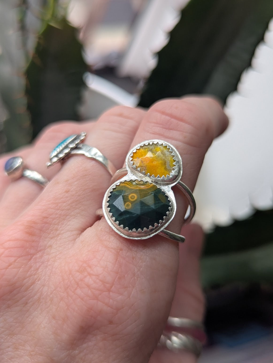 Ocean Jasper and Bumblebee Jasper Duo Silver Ring - Size 9.5