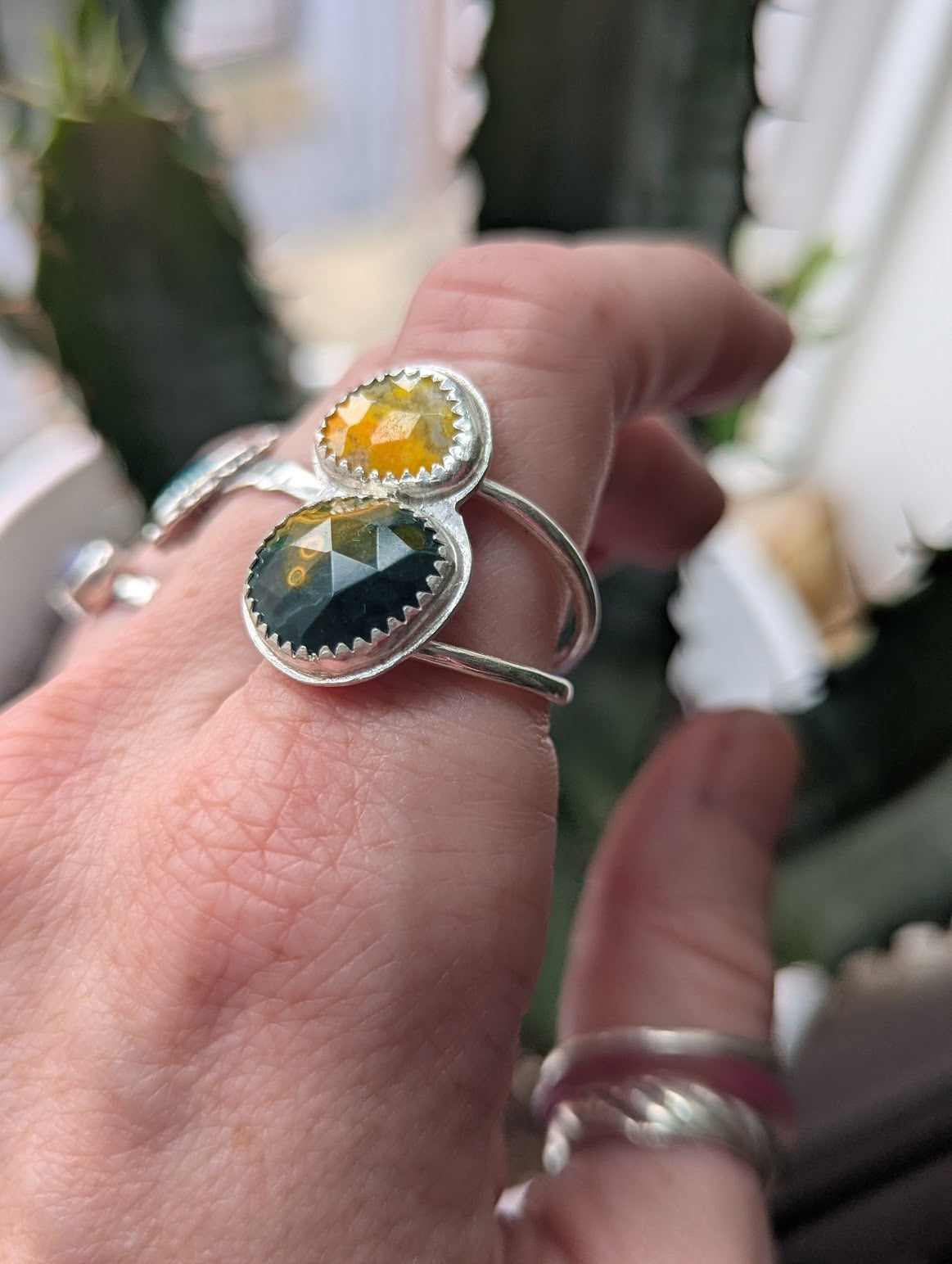 Ocean Jasper and Bumblebee Jasper Duo Silver Ring - Size 9.5