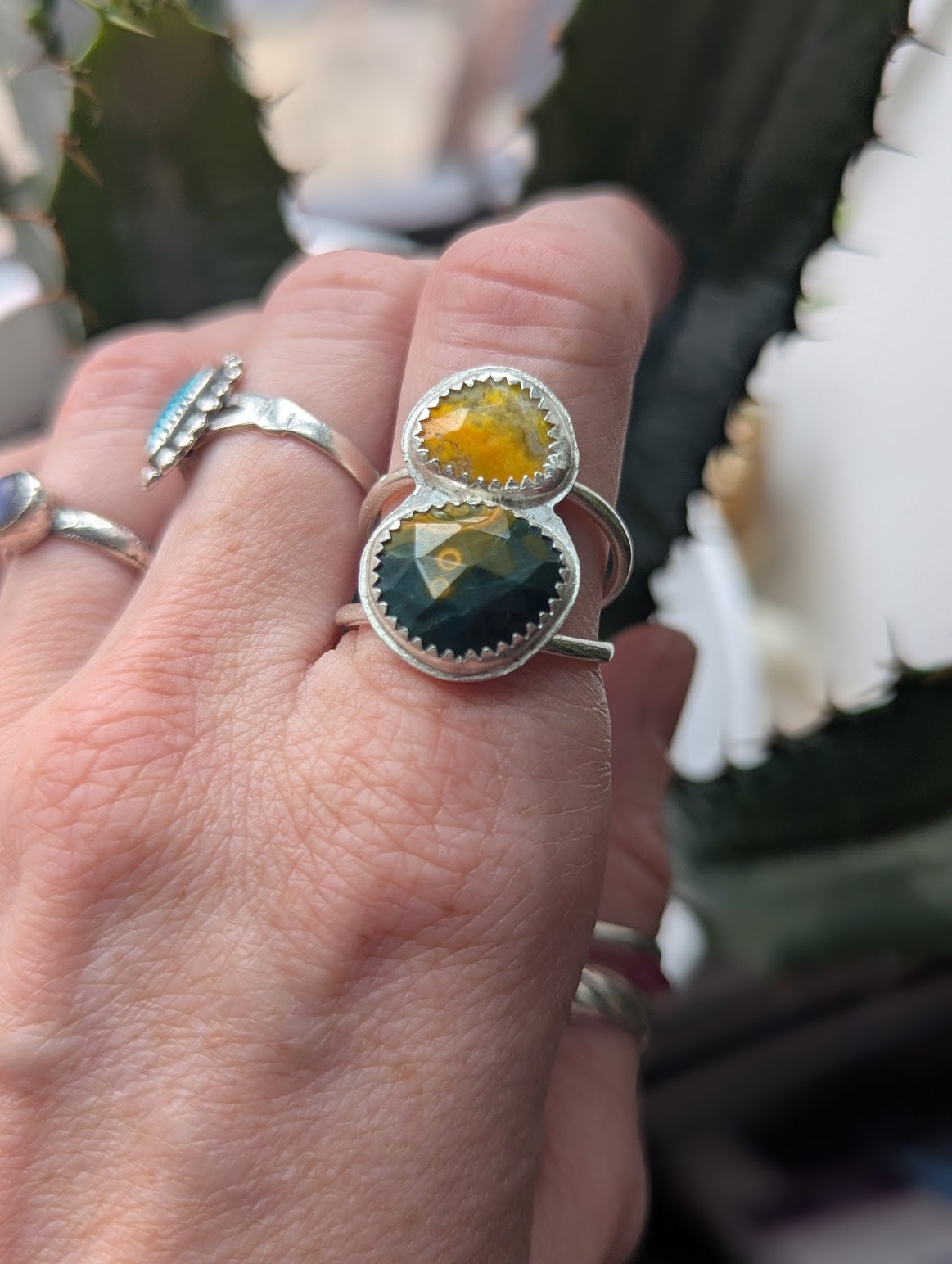 Ocean Jasper and Bumblebee Jasper Duo Silver Ring - Size 9.5