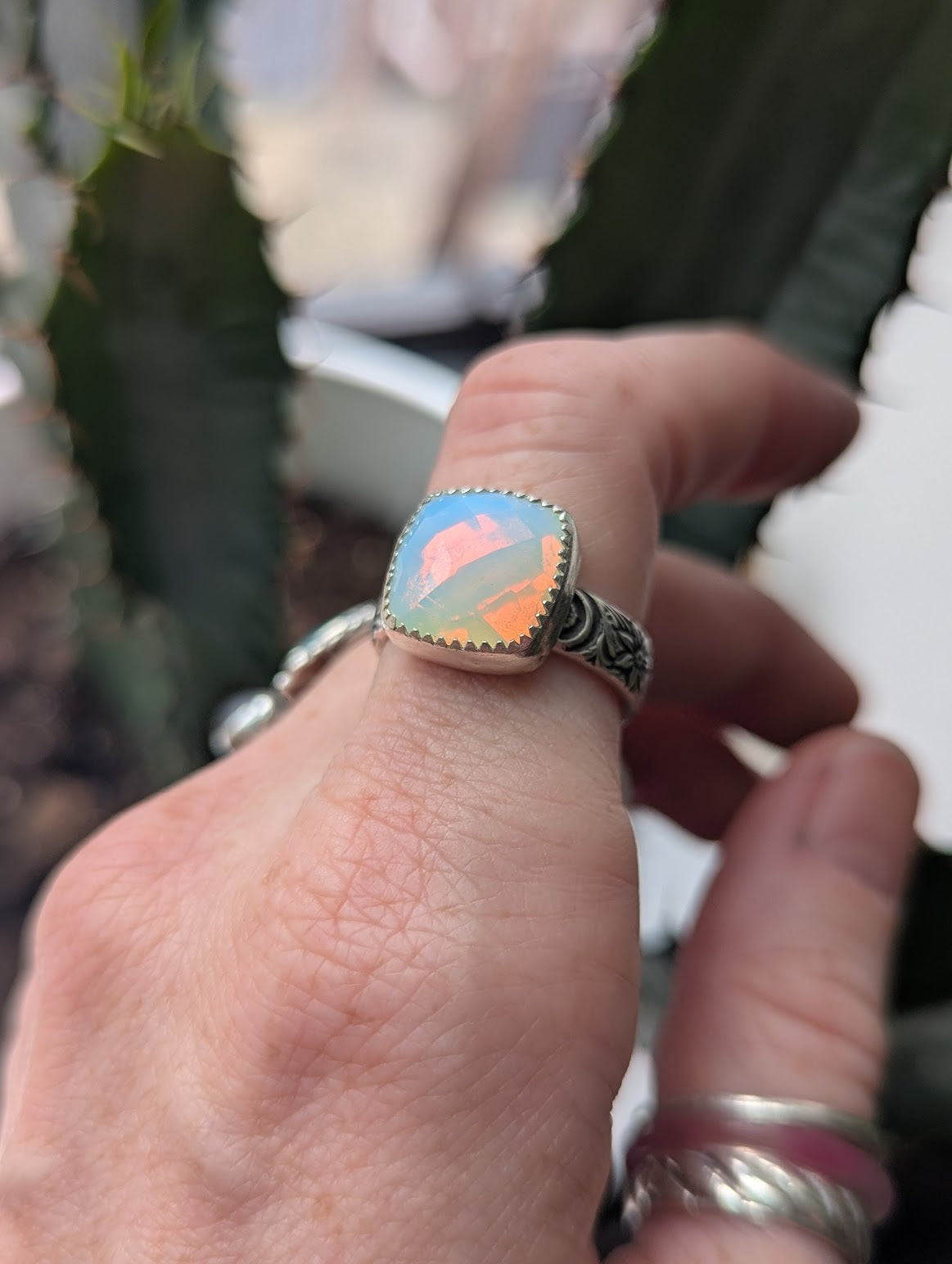 Faceted Opalite Cushion Cut Silver Ring - Size 7