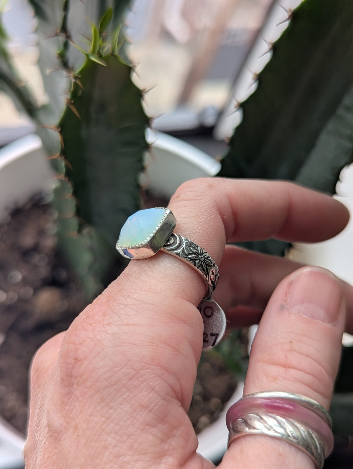 Faceted Opalite Cushion Cut Silver Ring - Size 7