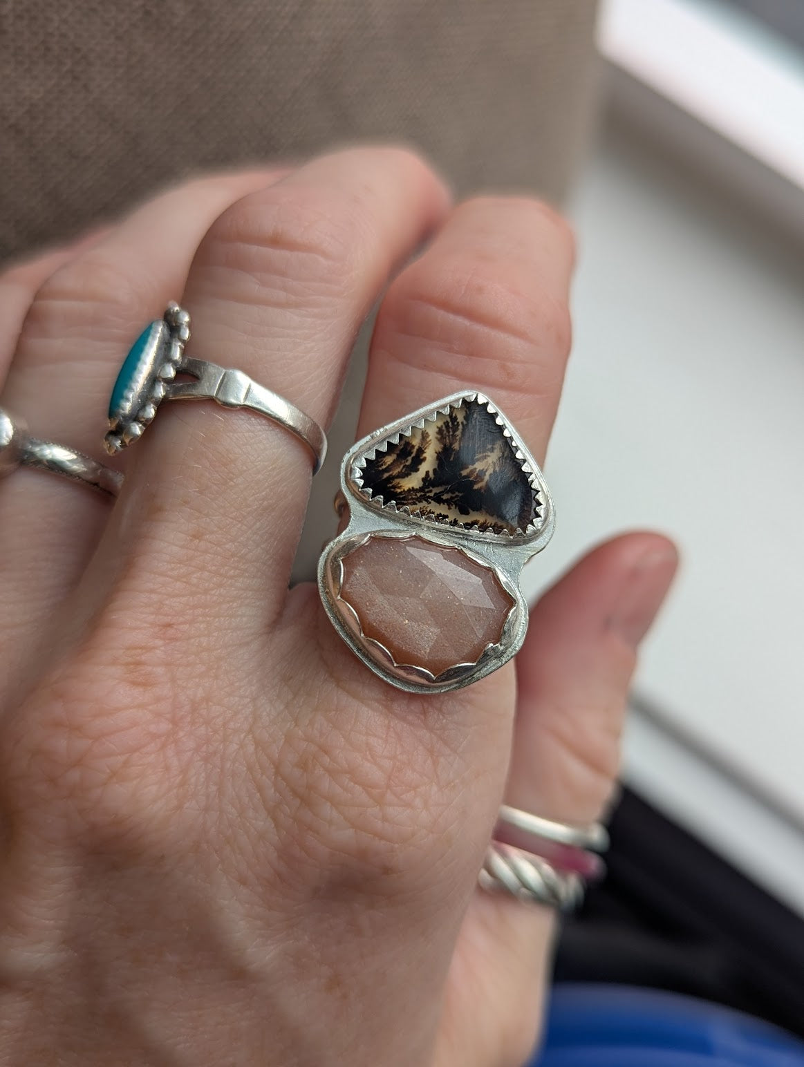 Peach Moonstone and Dendritic Agate Duo Silver Ring - Size 6