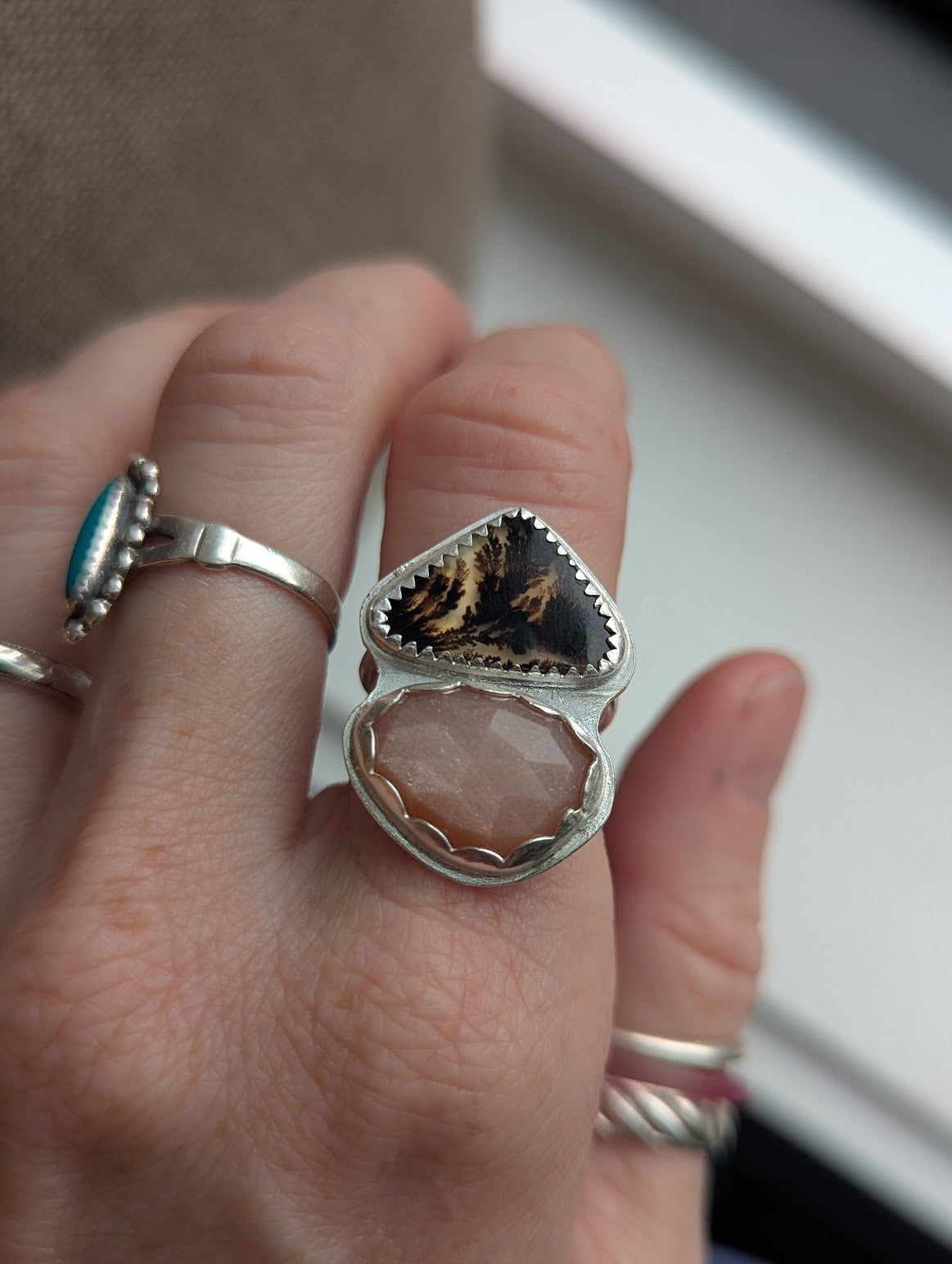 Peach Moonstone and Dendritic Agate Duo Silver Ring - Size 6