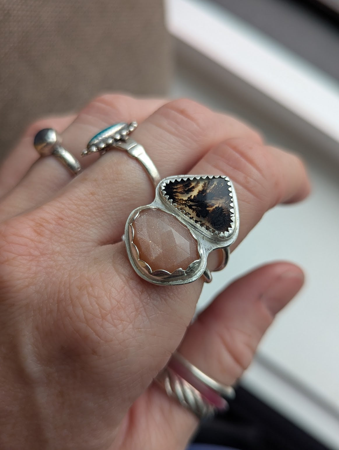 Peach Moonstone and Dendritic Agate Duo Silver Ring - Size 6