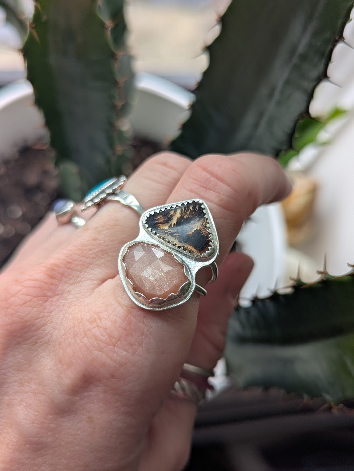 Peach Moonstone and Dendritic Agate Duo Silver Ring - Size 6