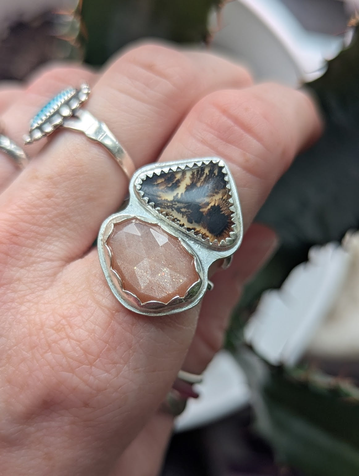 Peach Moonstone and Dendritic Agate Duo Silver Ring - Size 6