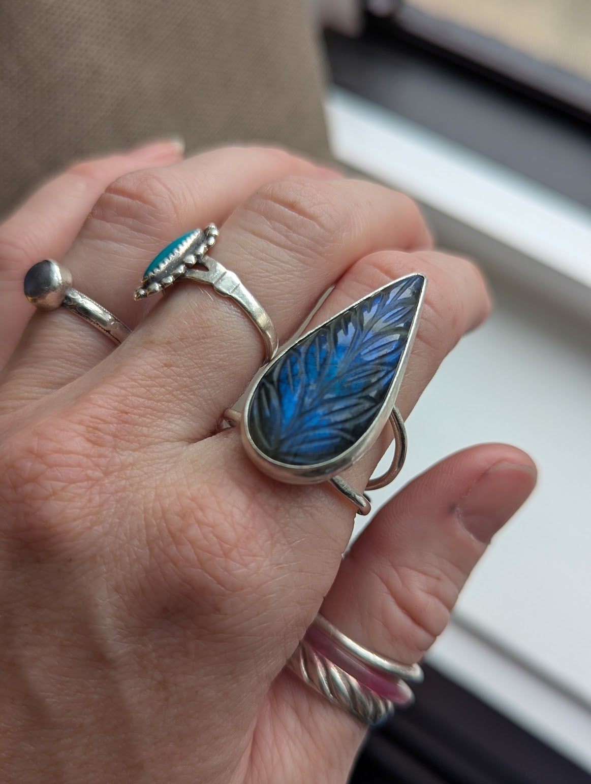 Carved Blue Labradorite Teardrop Silver Ring - Size 11