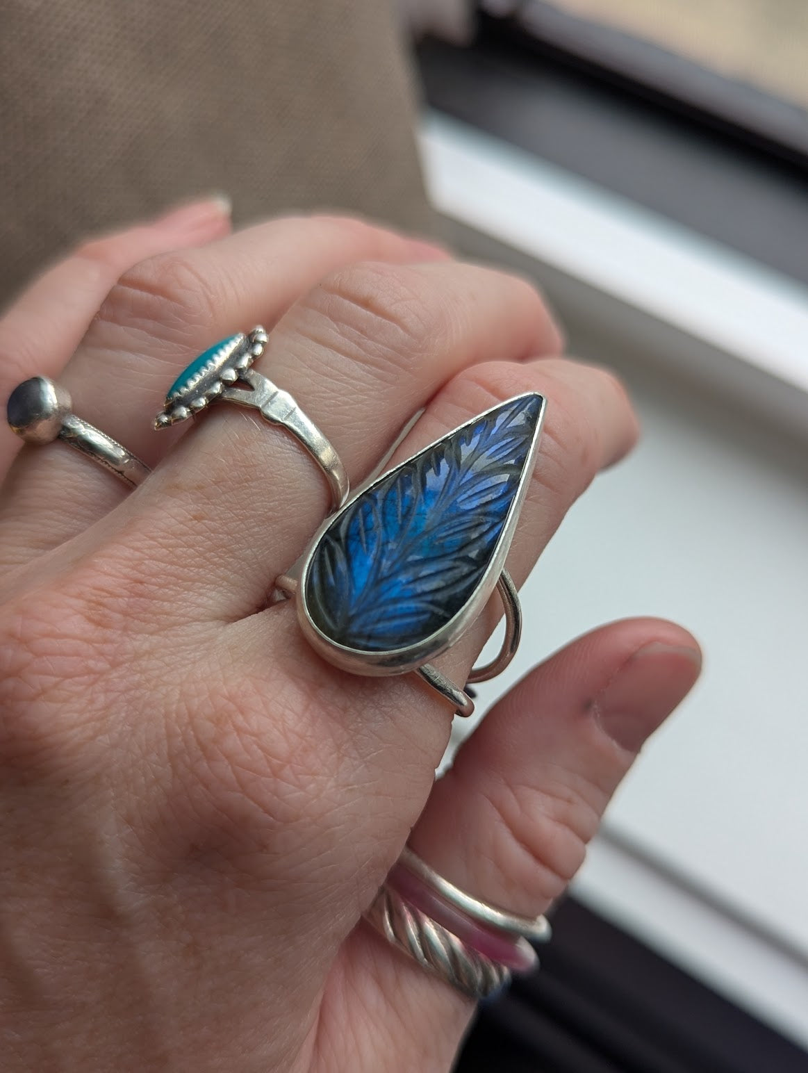 Carved Blue Labradorite Teardrop Silver Ring - Size 11
