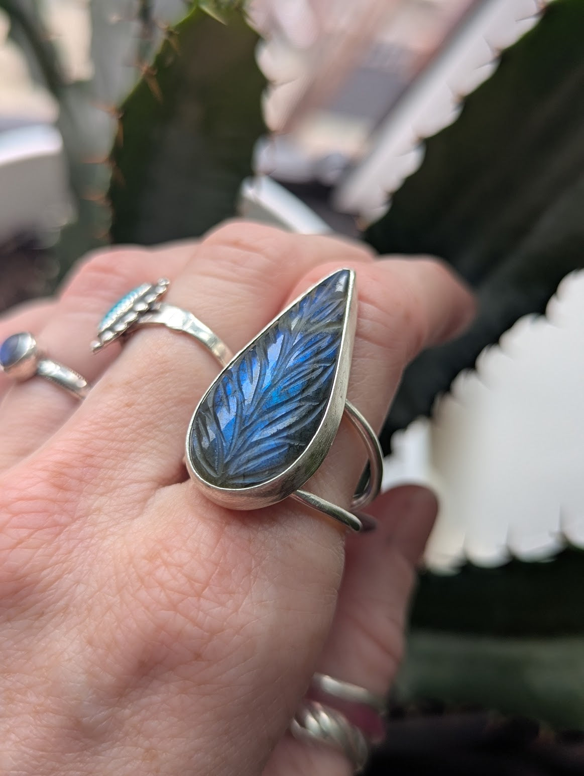 Carved Blue Labradorite Teardrop Silver Ring - Size 11