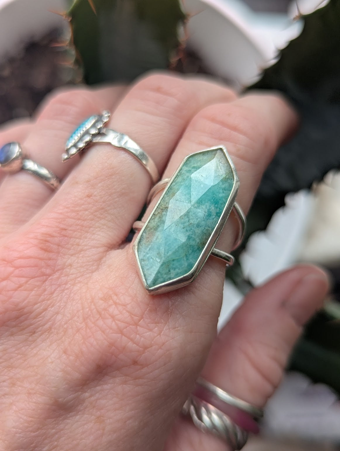 Amazonite Diamond Silver Ring - Size 8