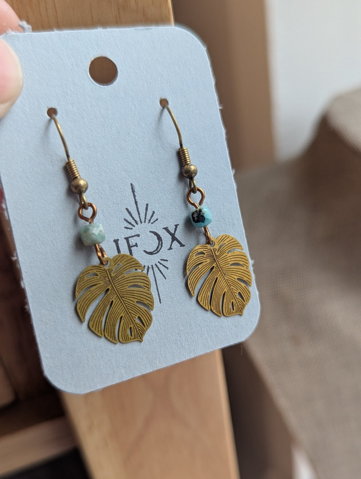 Monstera Leaf Amazonite Brass Earrings