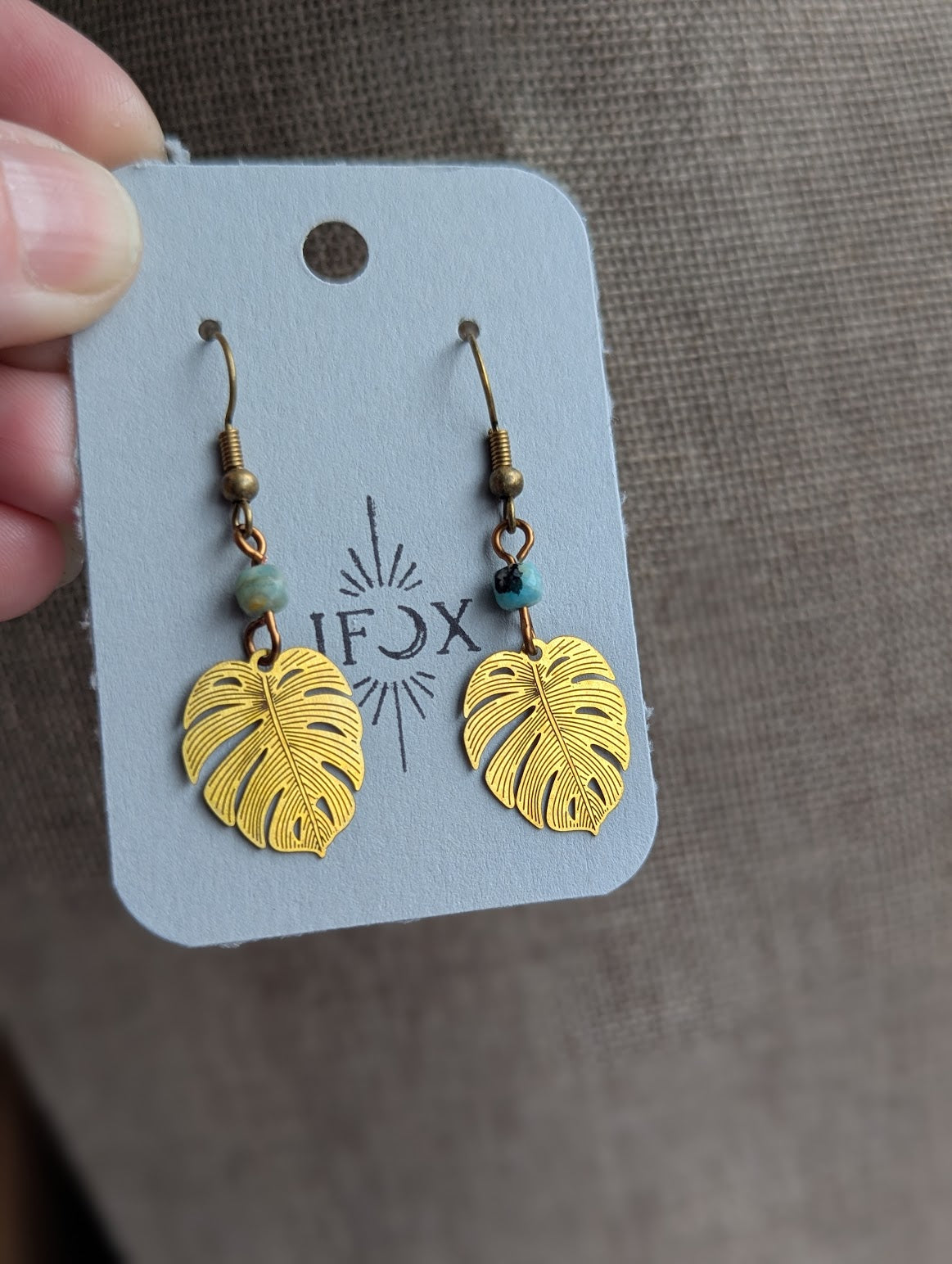 Monstera Leaf Amazonite Brass Earrings
