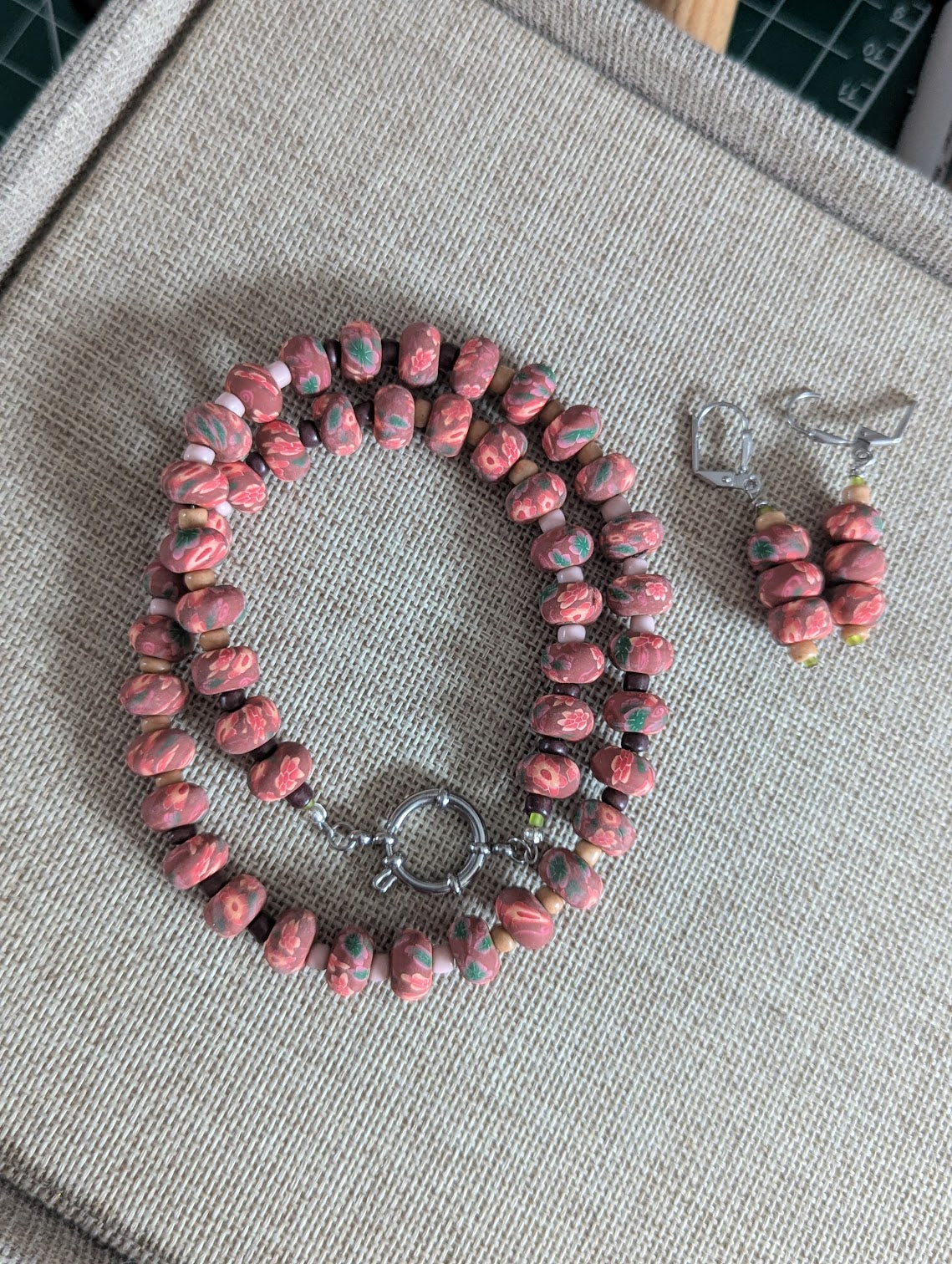 Red Floral Polymer Clay Rondelle Beaded Necklace (Silver and Gold Available)