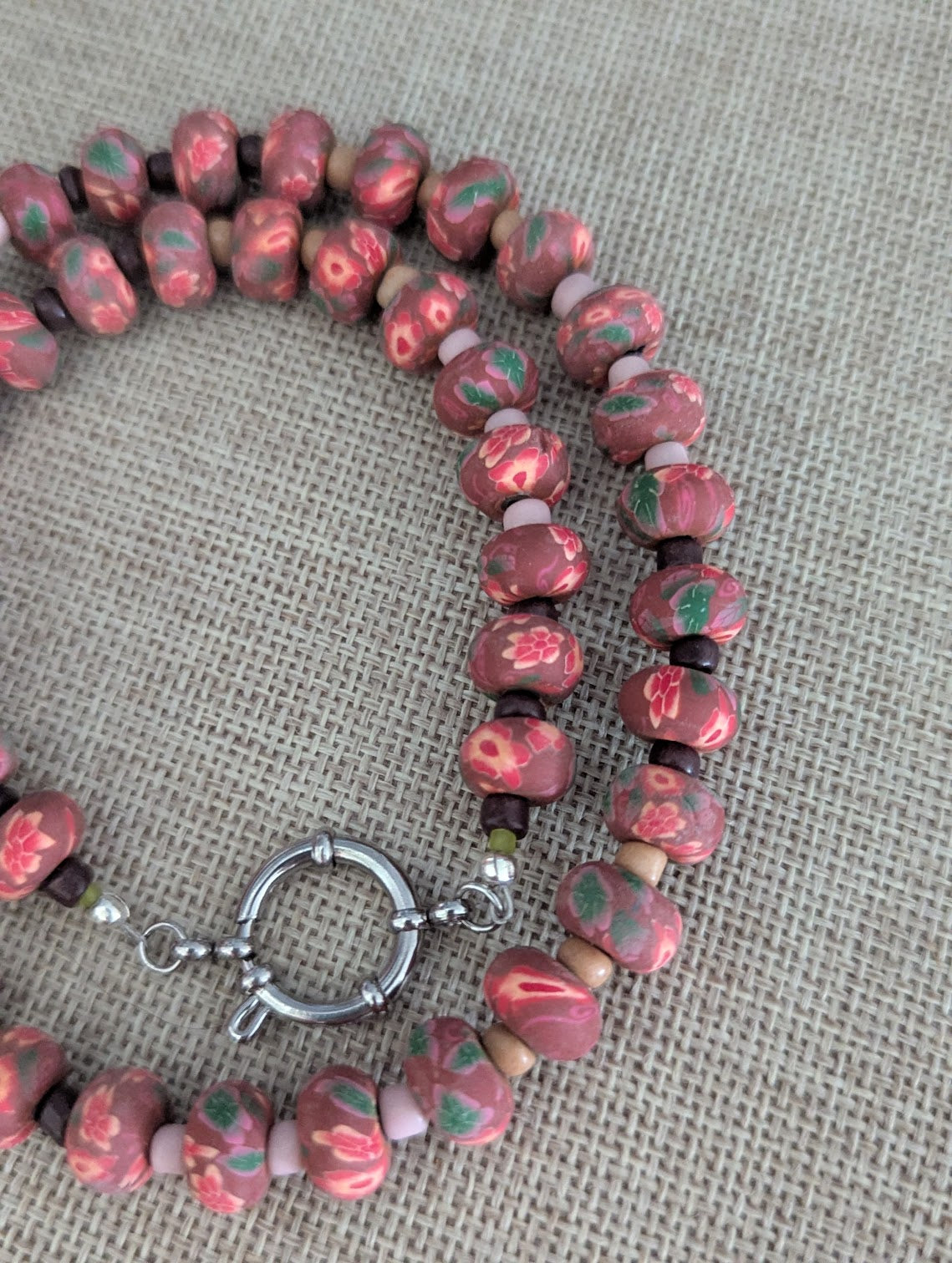 Red Floral Polymer Clay Rondelle Beaded Necklace (Silver and Gold Available)