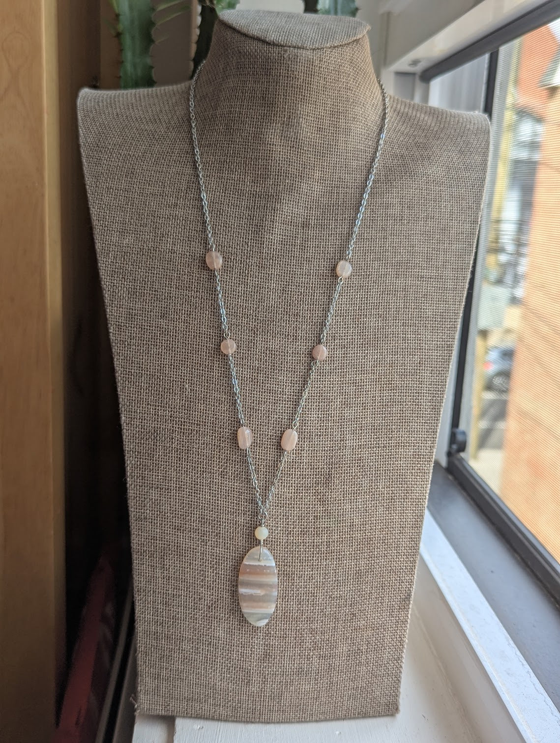 Pink Botswana Agate and Peach Moonstone Silver Stainless Necklace