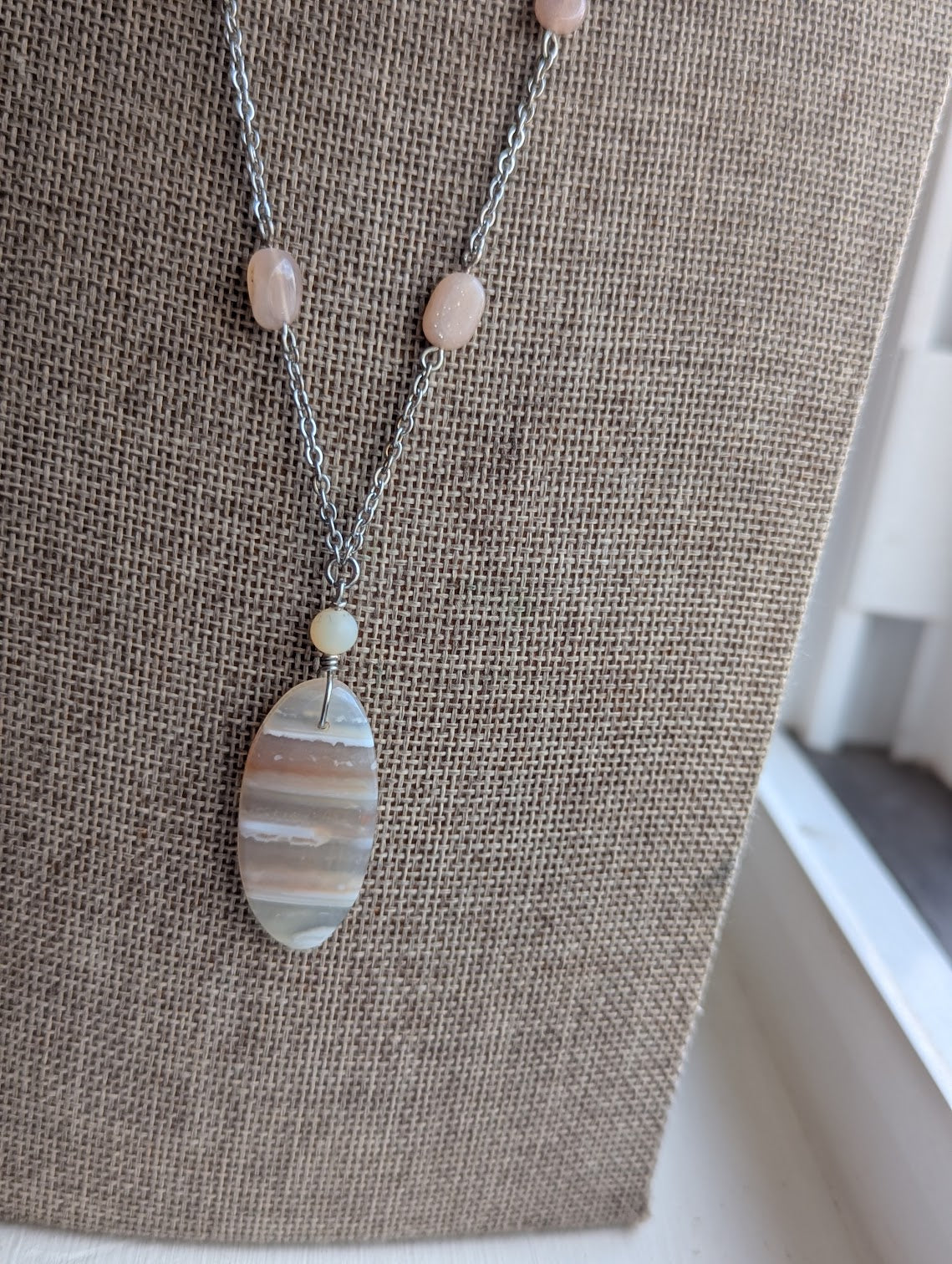 Pink Botswana Agate and Peach Moonstone Silver Stainless Necklace