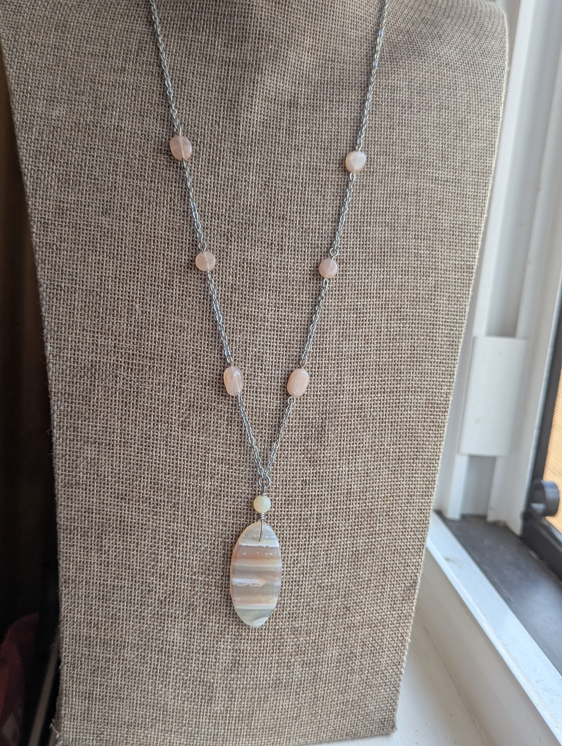 Pink Botswana Agate and Peach Moonstone Silver Stainless Necklace