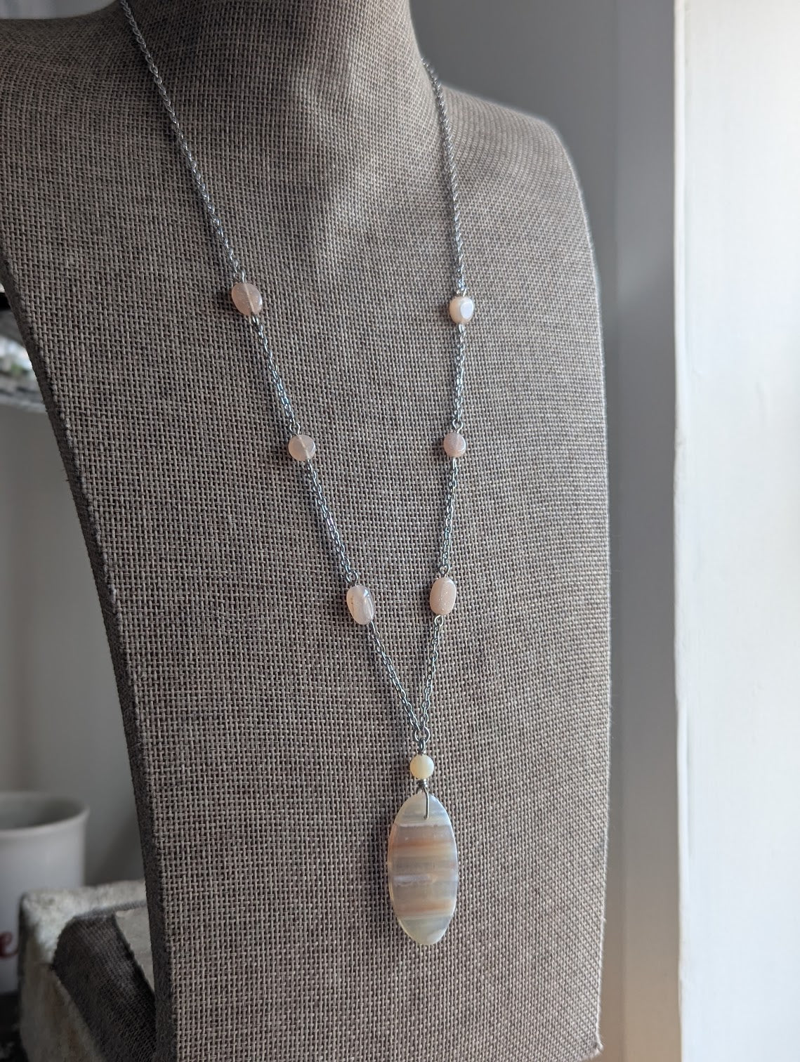 Pink Botswana Agate and Peach Moonstone Silver Stainless Necklace