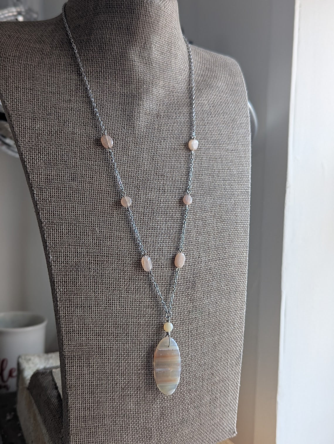 Pink Botswana Agate and Peach Moonstone Silver Stainless Necklace