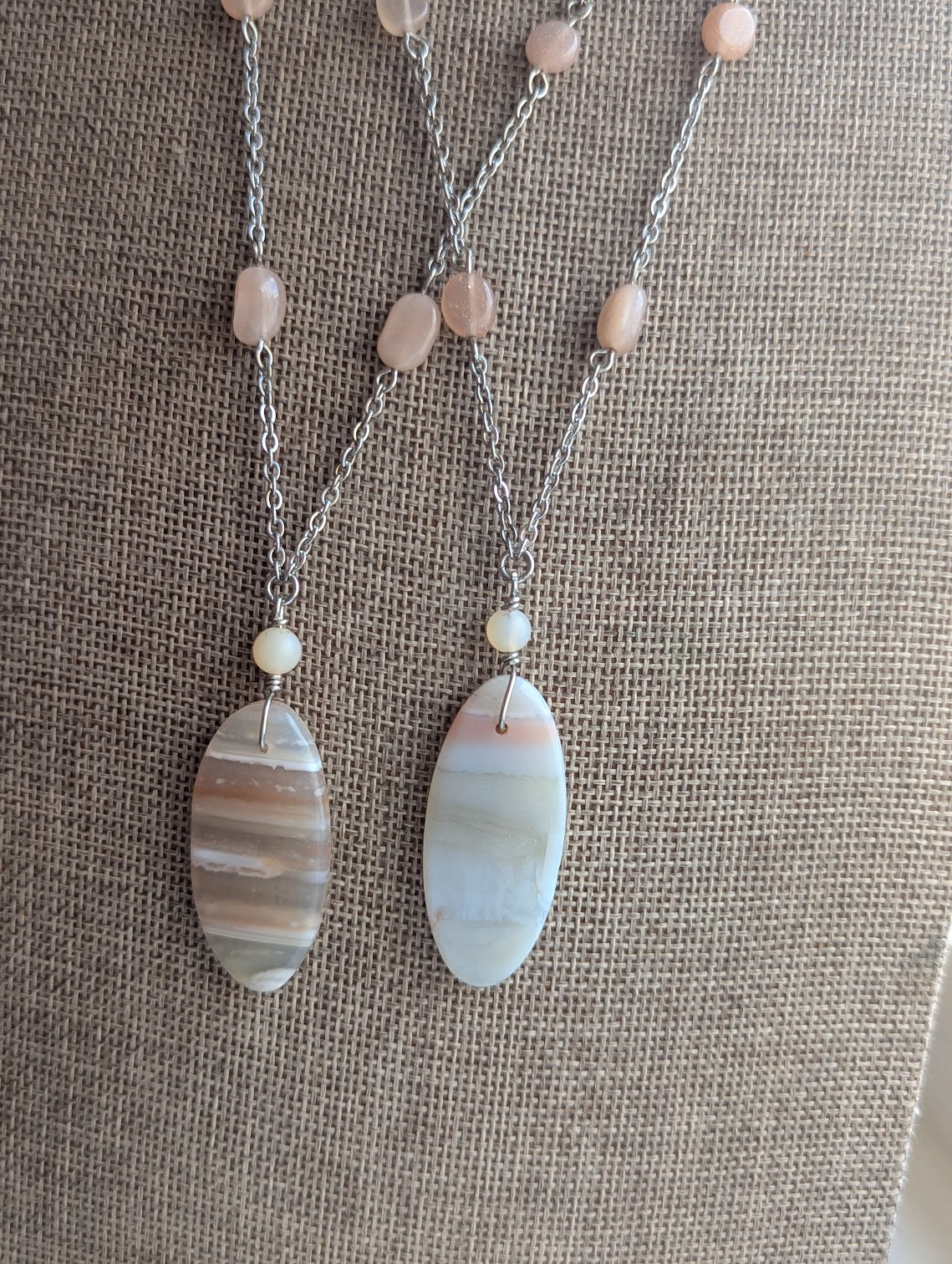 Pink Botswana Agate and Peach Moonstone Silver Stainless Necklace