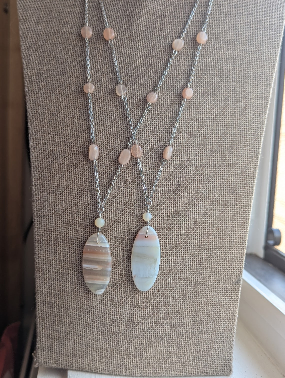 Pink Botswana Agate and Peach Moonstone Silver Stainless Necklace