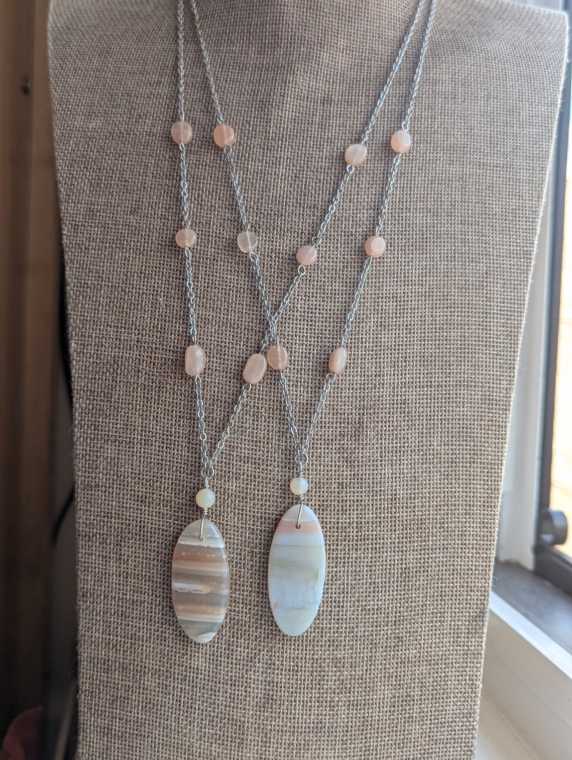 Pink Botswana Agate and Peach Moonstone Silver Stainless Necklace