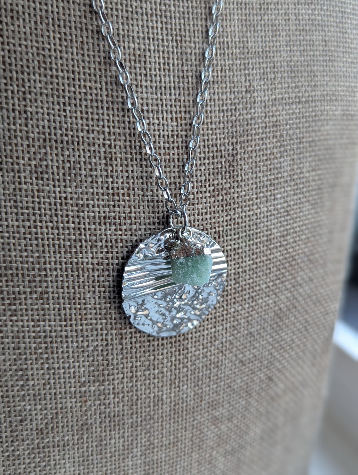 Silver Round Textured Raw Green Aventurine Silver Necklace
