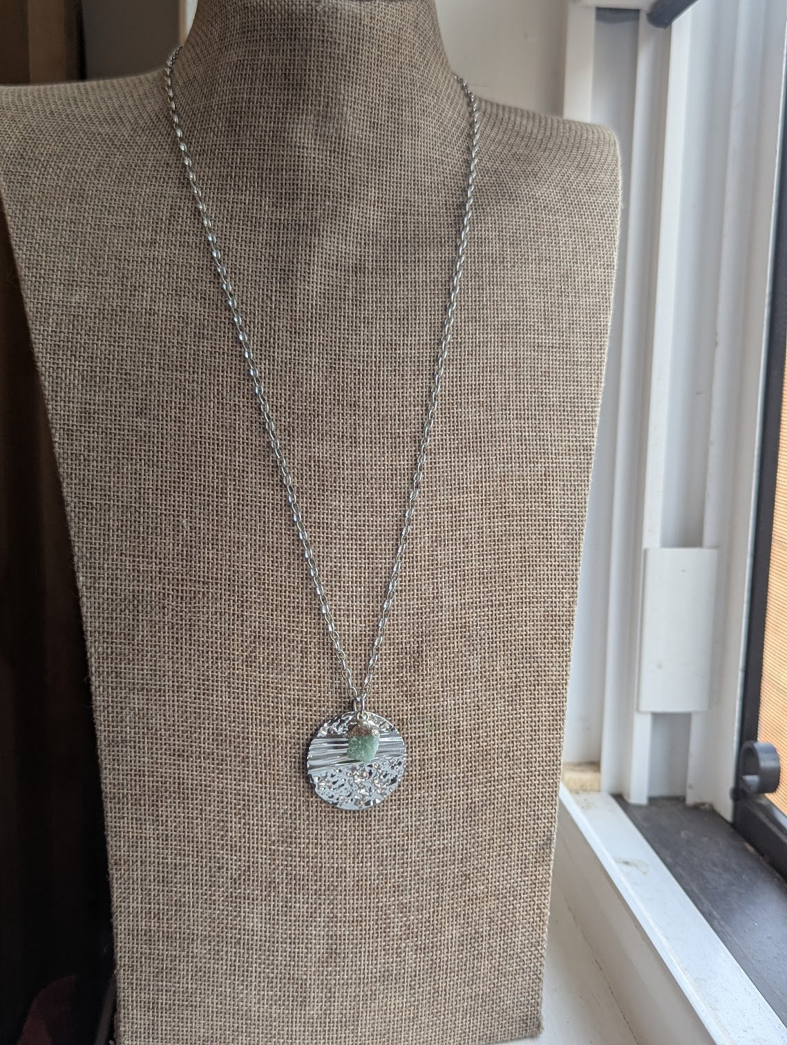 Silver Round Textured Raw Green Aventurine Silver Necklace