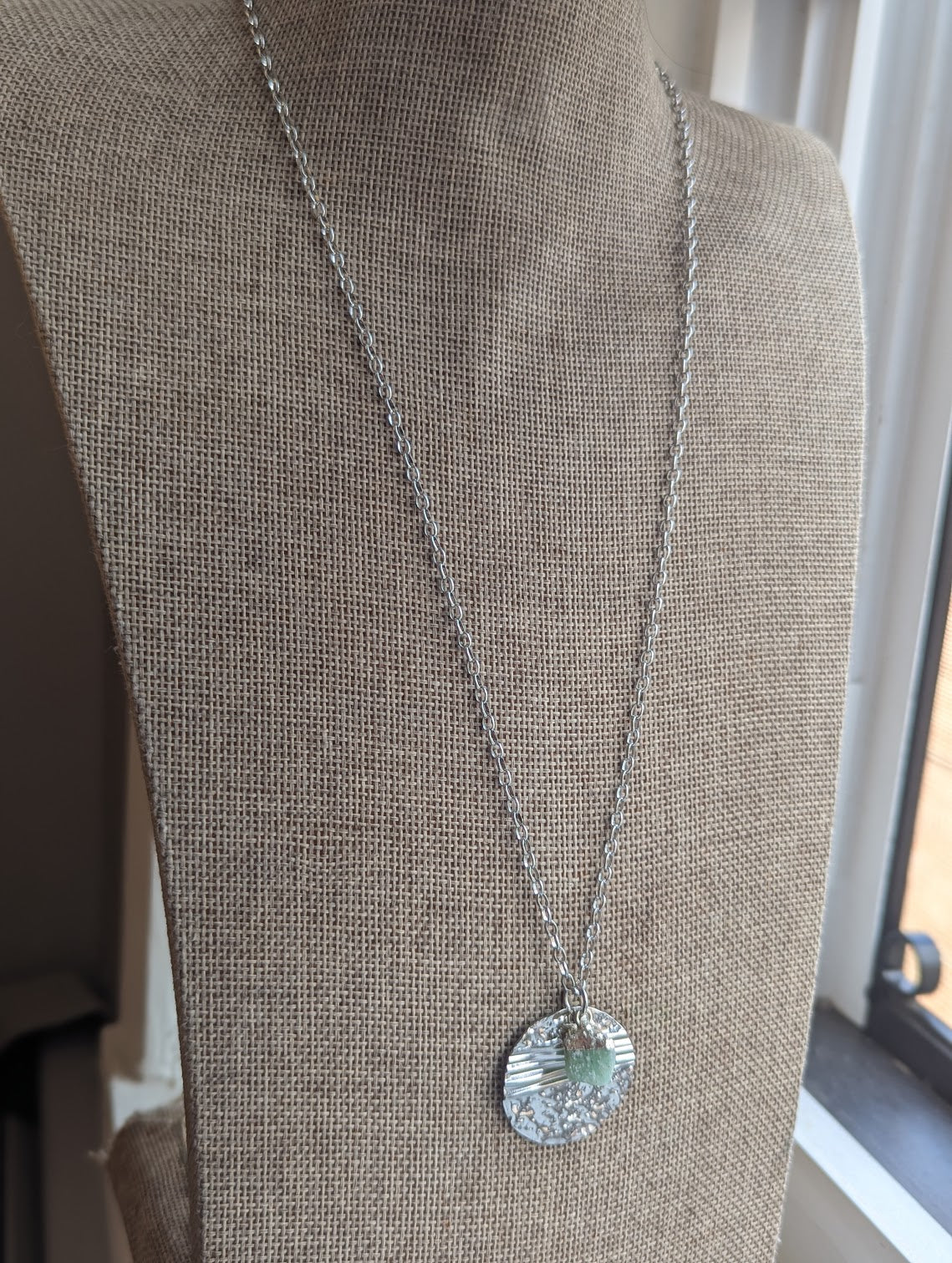 Silver Round Textured Raw Green Aventurine Silver Necklace