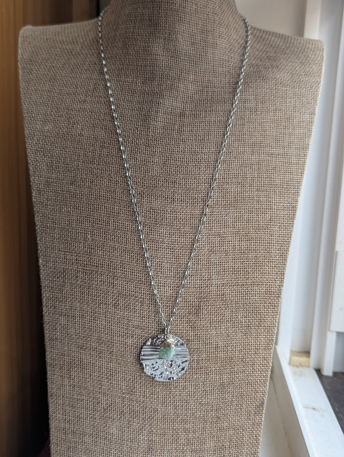 Silver Round Textured Raw Green Aventurine Silver Necklace