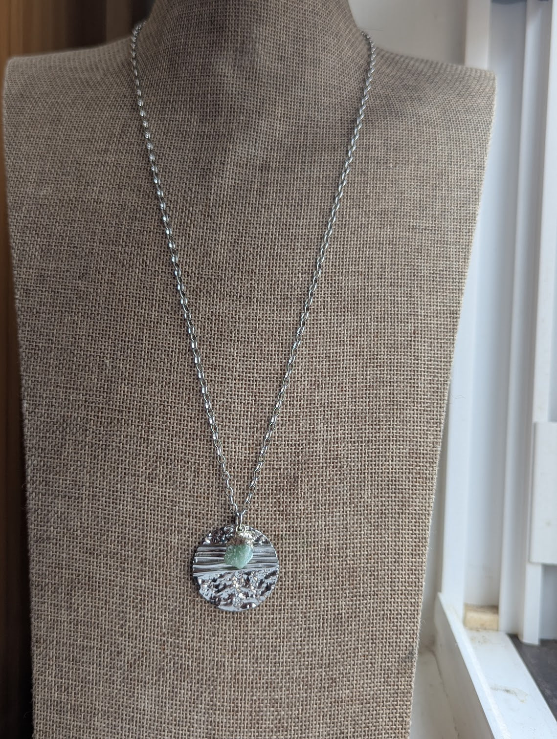 Silver Round Textured Raw Green Aventurine Silver Necklace
