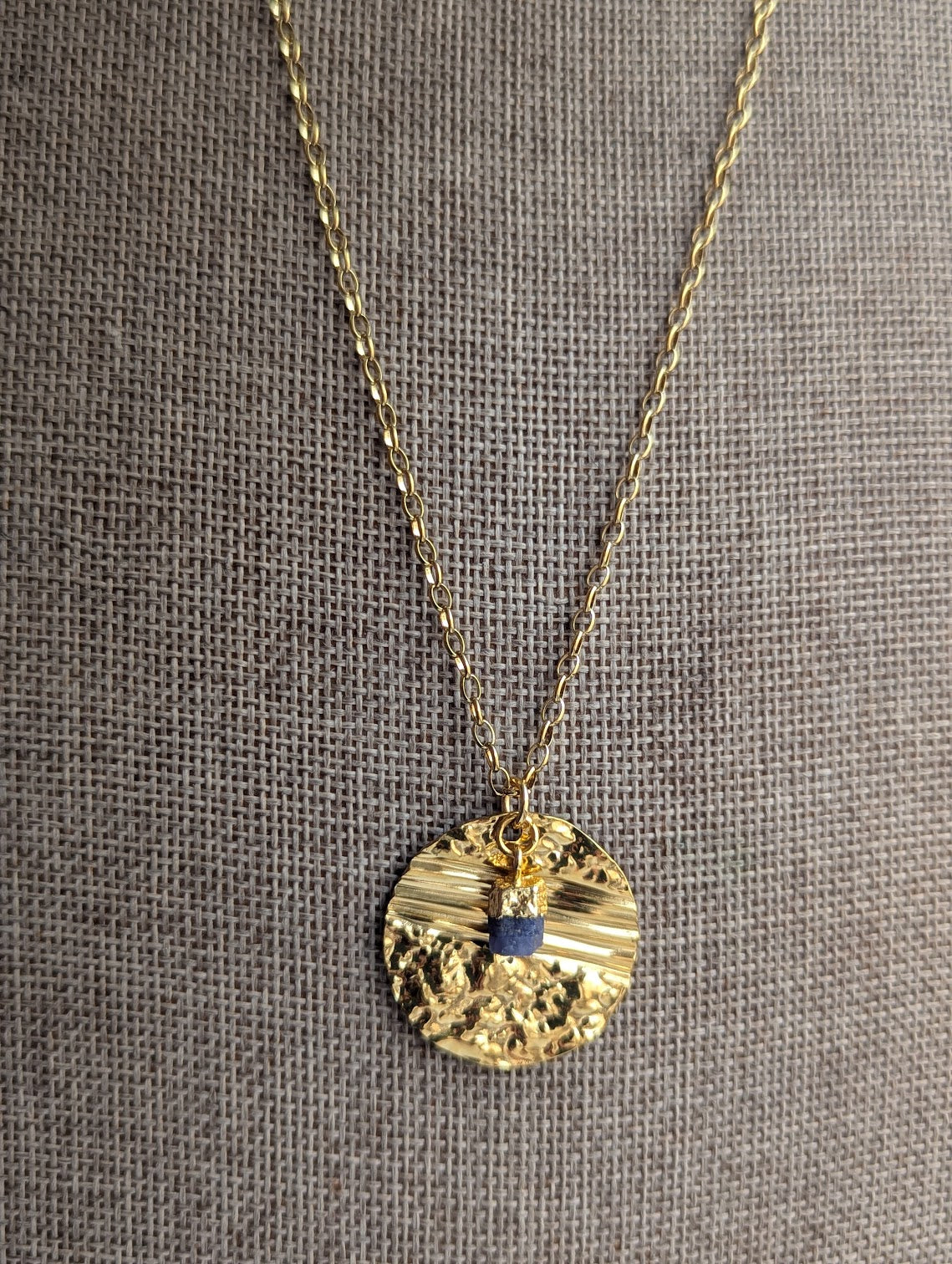 Gold Round Textured Raw Blue Kyanite Gold Necklace