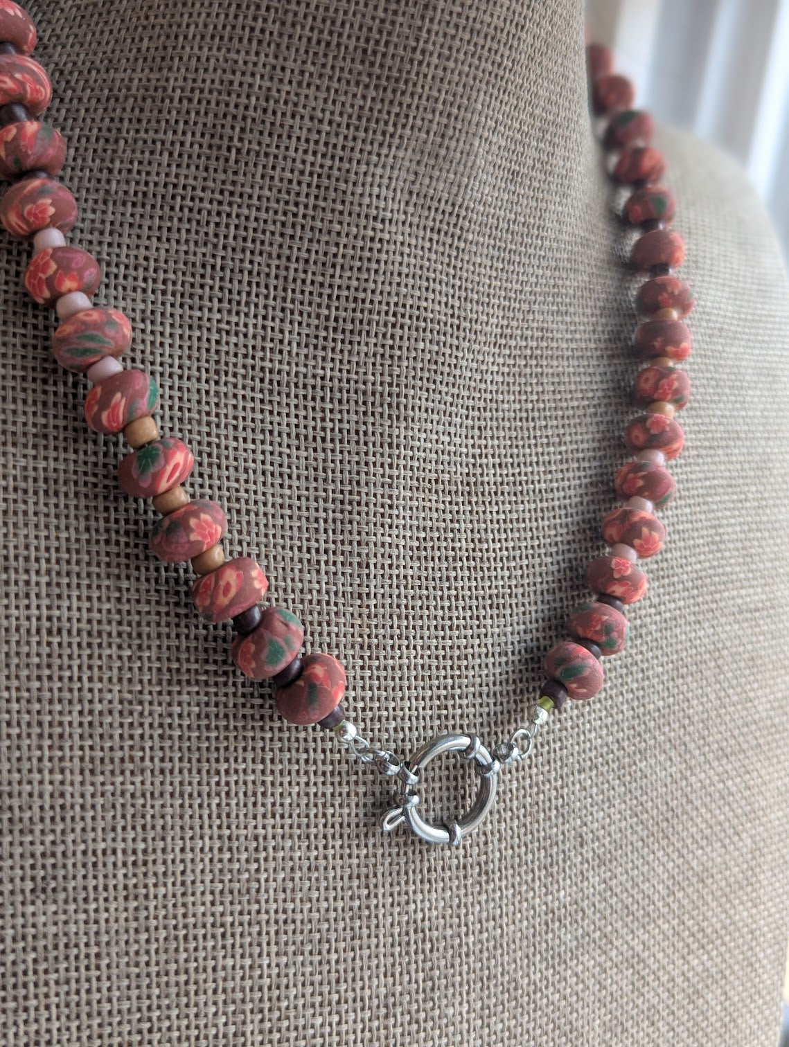 Red Floral Polymer Clay Rondelle Beaded Necklace (Silver and Gold Available)
