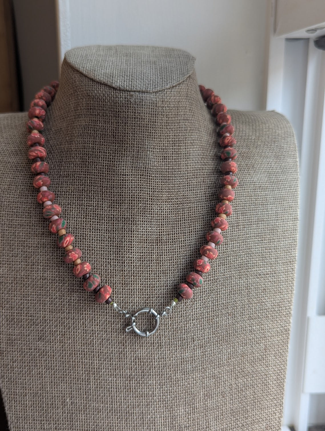 Red Floral Polymer Clay Rondelle Beaded Necklace (Silver and Gold Available)