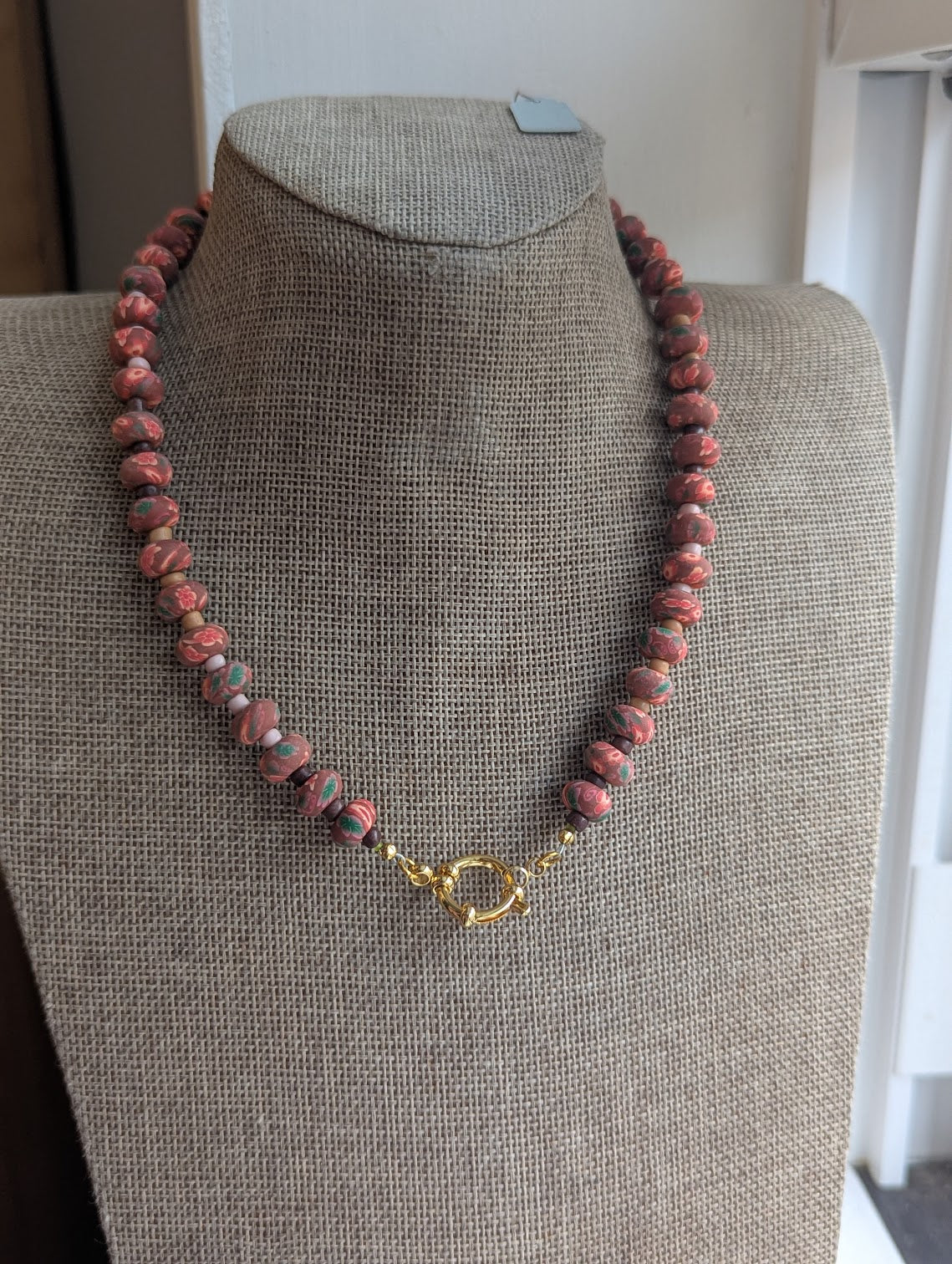 Red Floral Polymer Clay Rondelle Beaded Necklace (Silver and Gold Available)