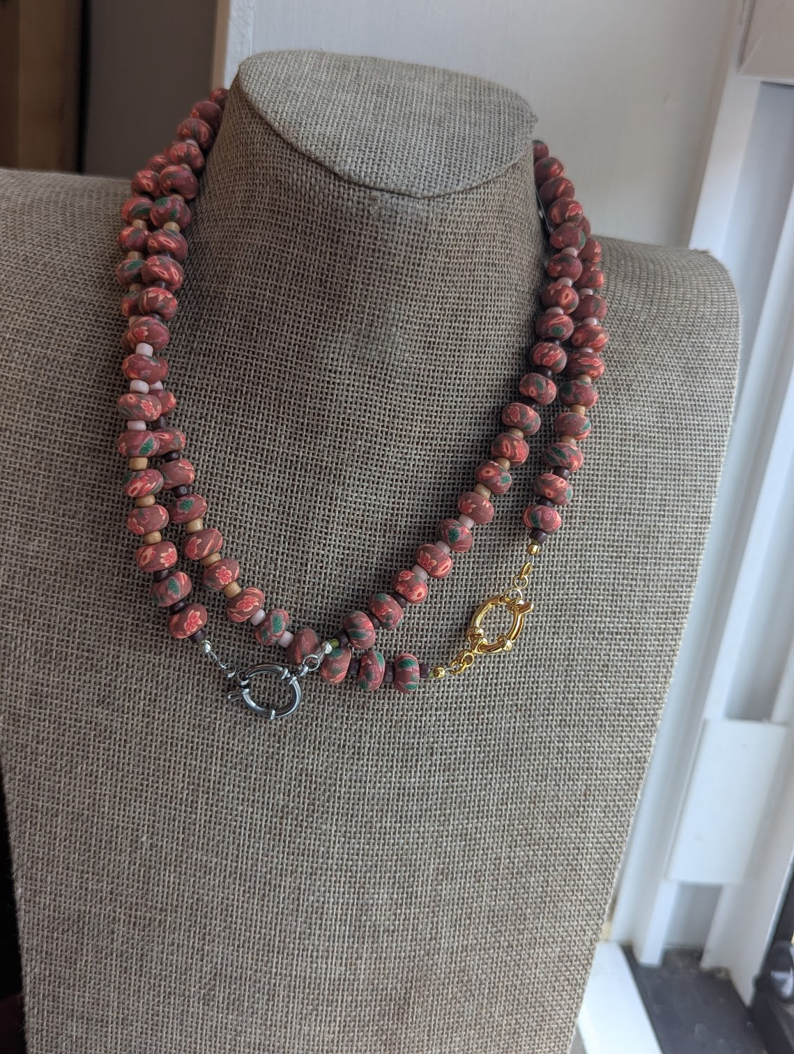 Red Floral Polymer Clay Rondelle Beaded Necklace (Silver and Gold Available)