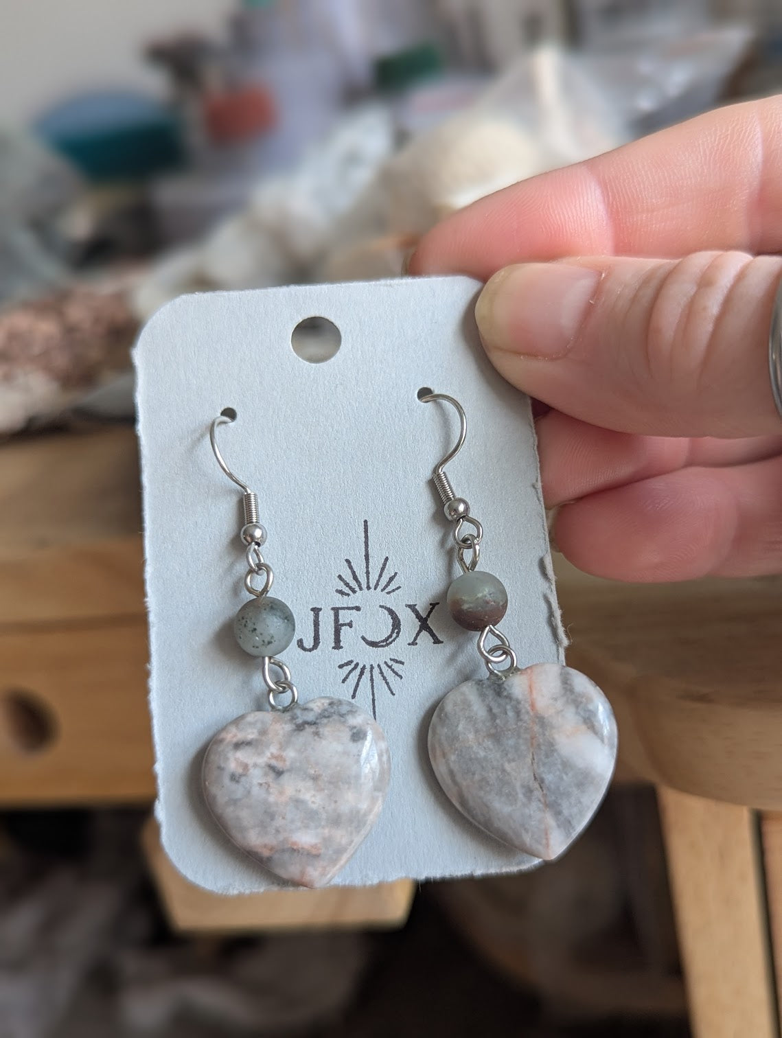 Pink Zebra Jasper Heart Earrings