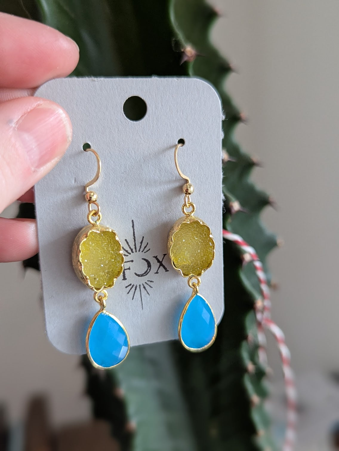 Yellow Druzy and Blue Chalcedony Gold Earrings