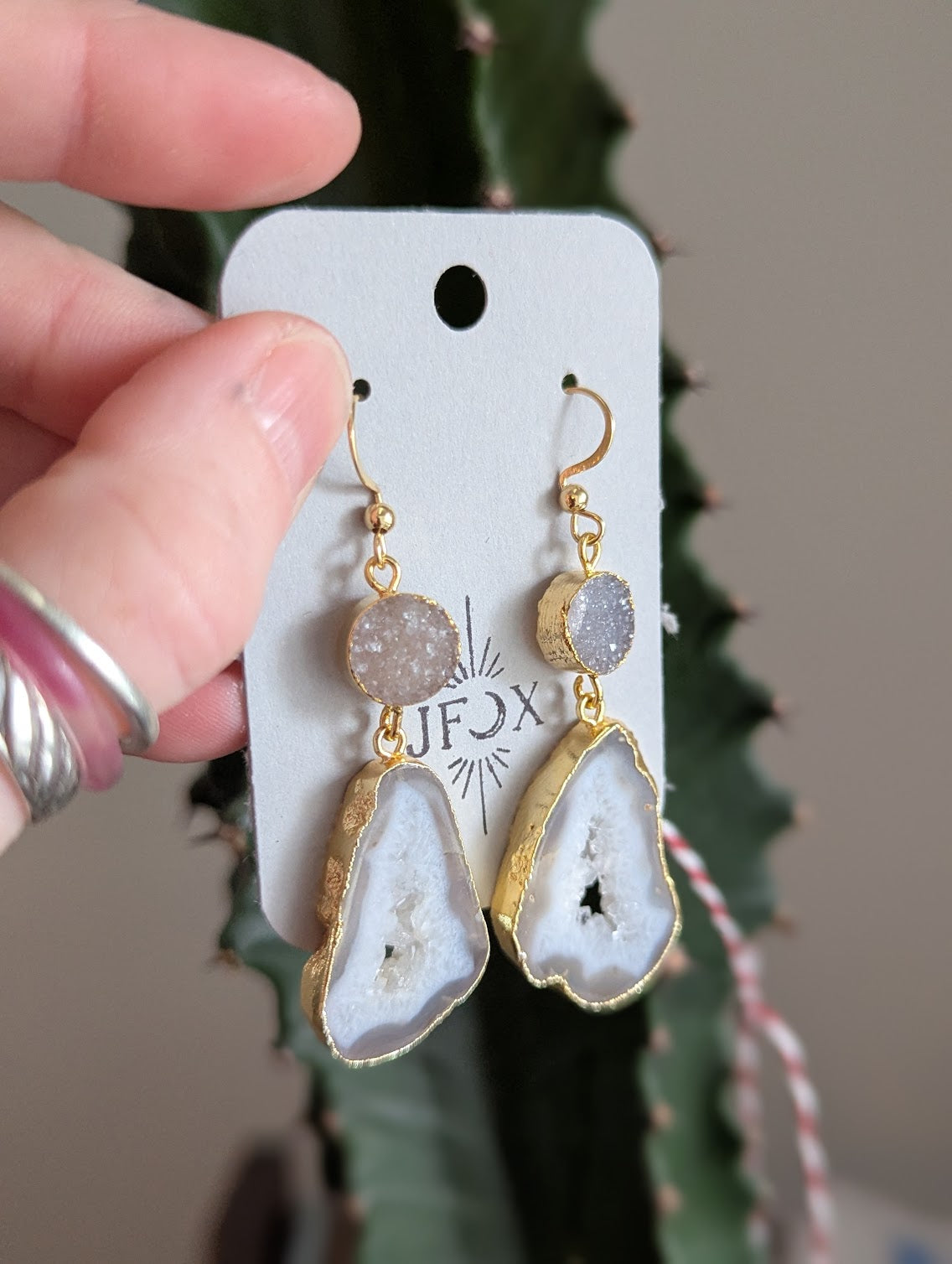 White Druzy and Agate Gold Earrings