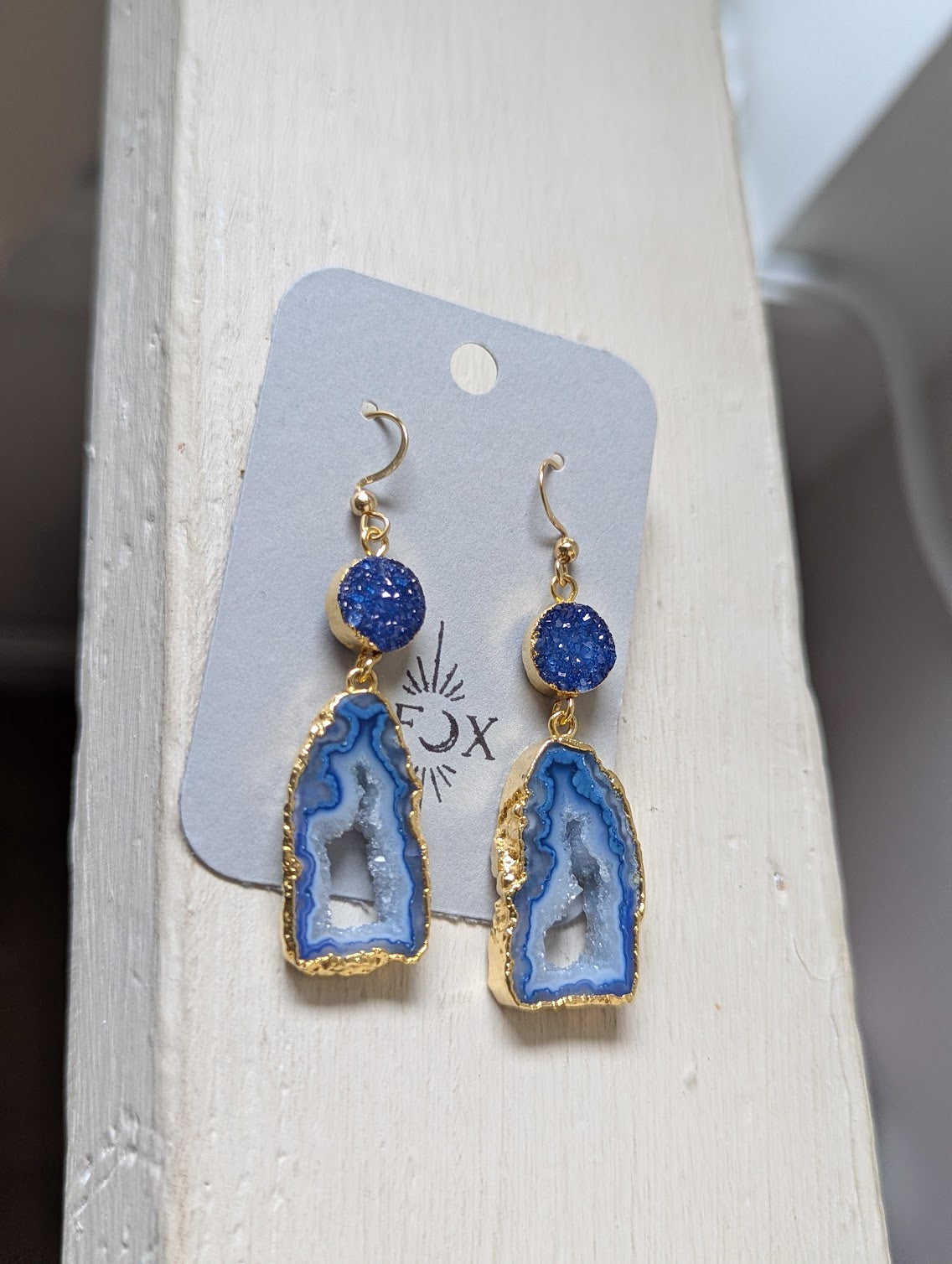 Blue Druzy and Agate Gold Earrings