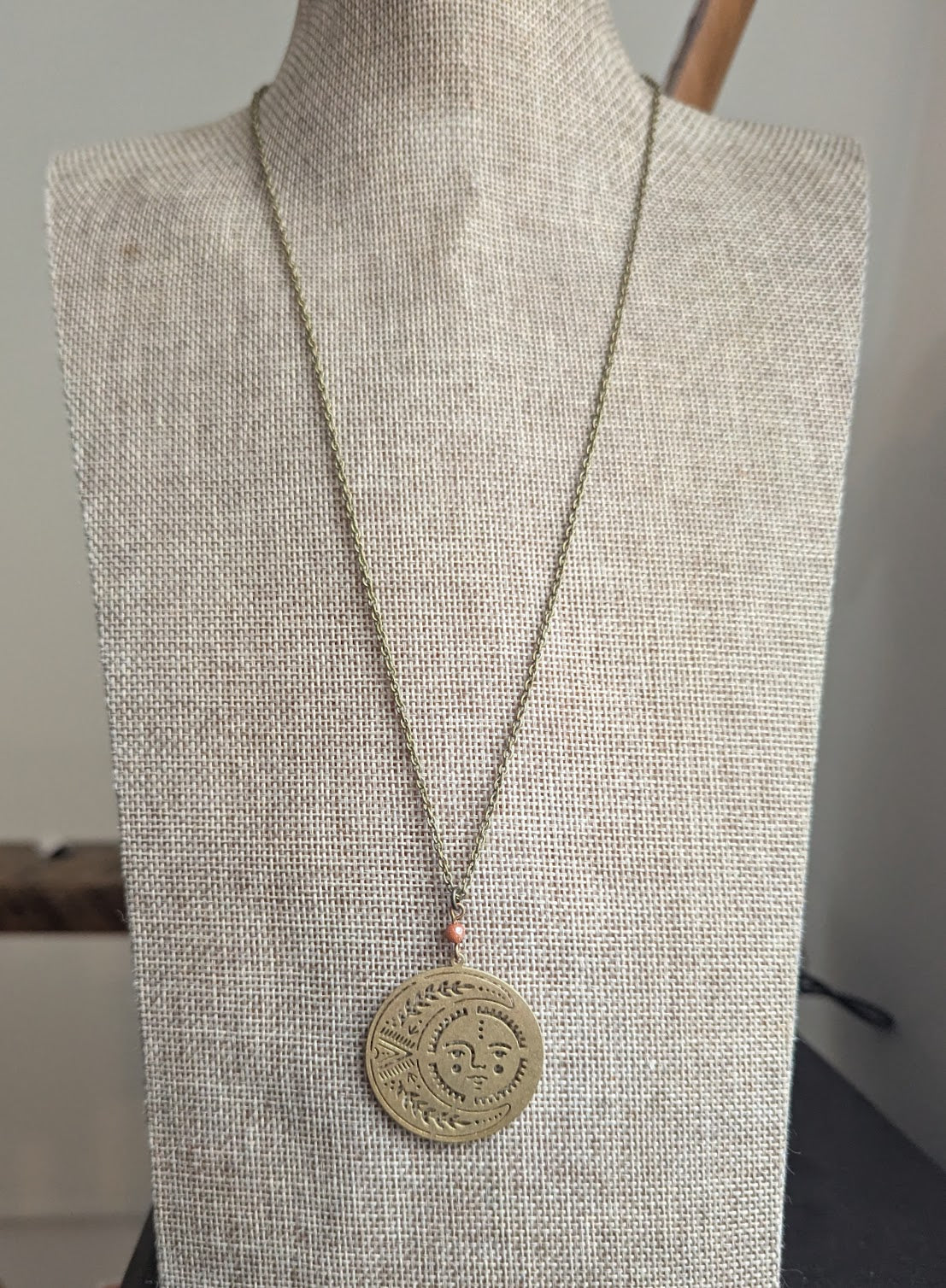 Brass Sun and Moon Red Goldstone Long Necklace