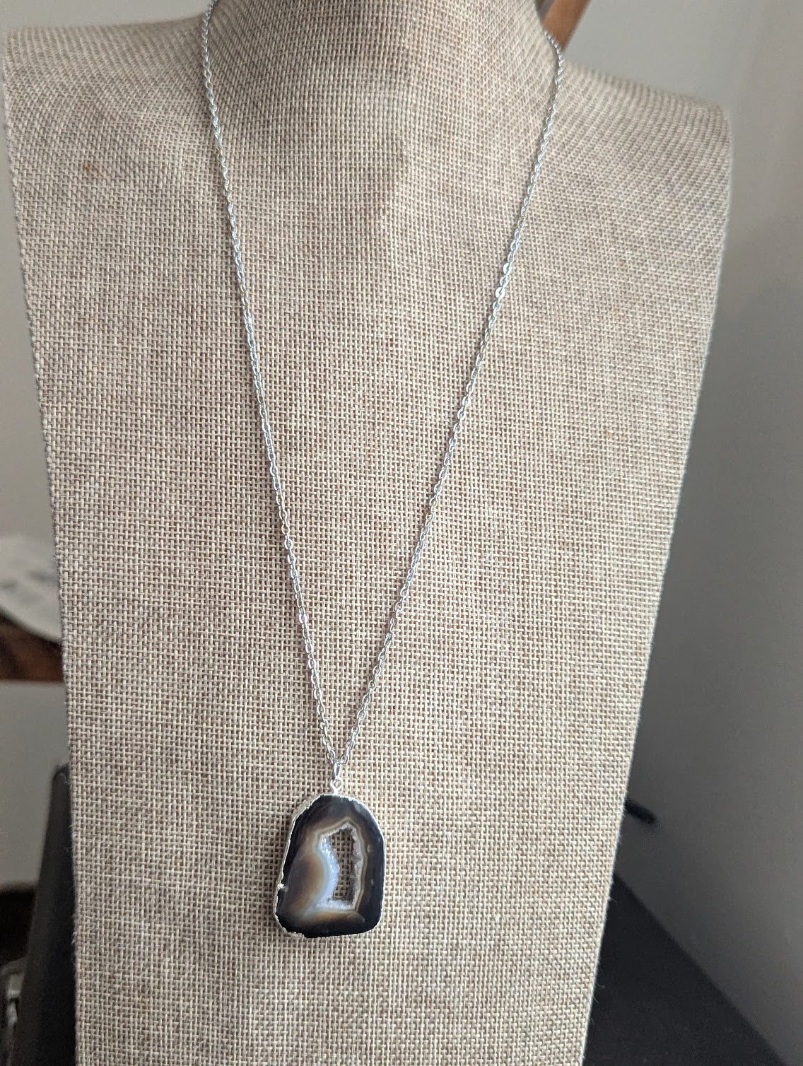 Large Black Agate and Druzy Silver Long Necklace