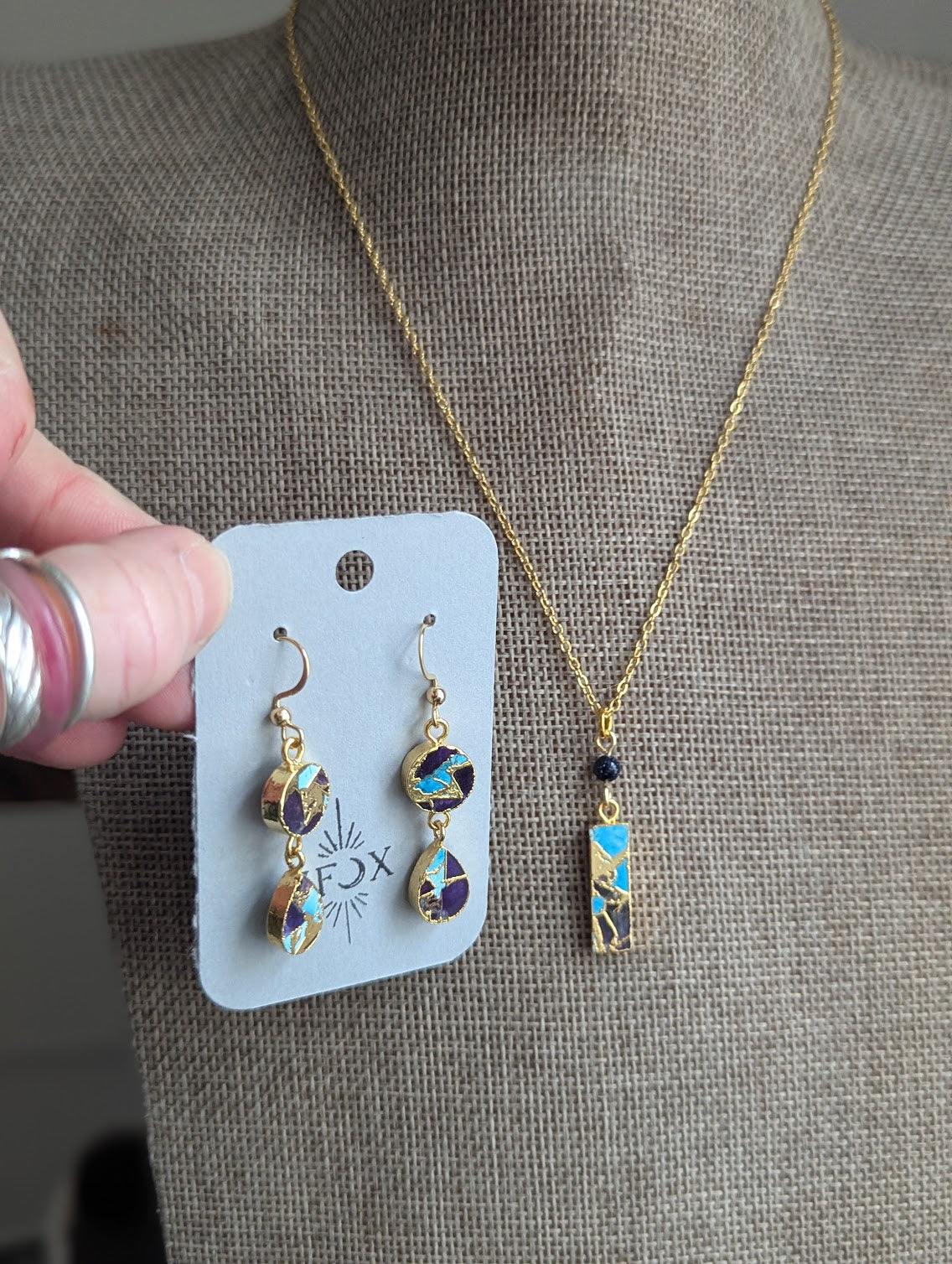 Blue Sediment Mosaic Blue Goldstone Rectangle Gold Necklace