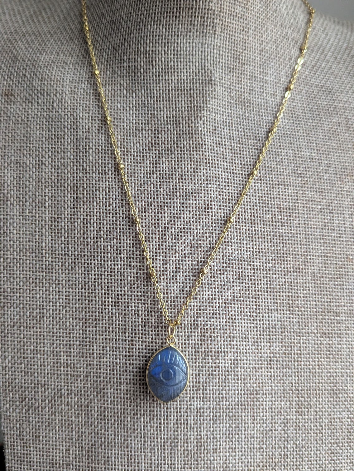 Carved Evil Eye Gemstone Gold Necklace (Various Stones Available)