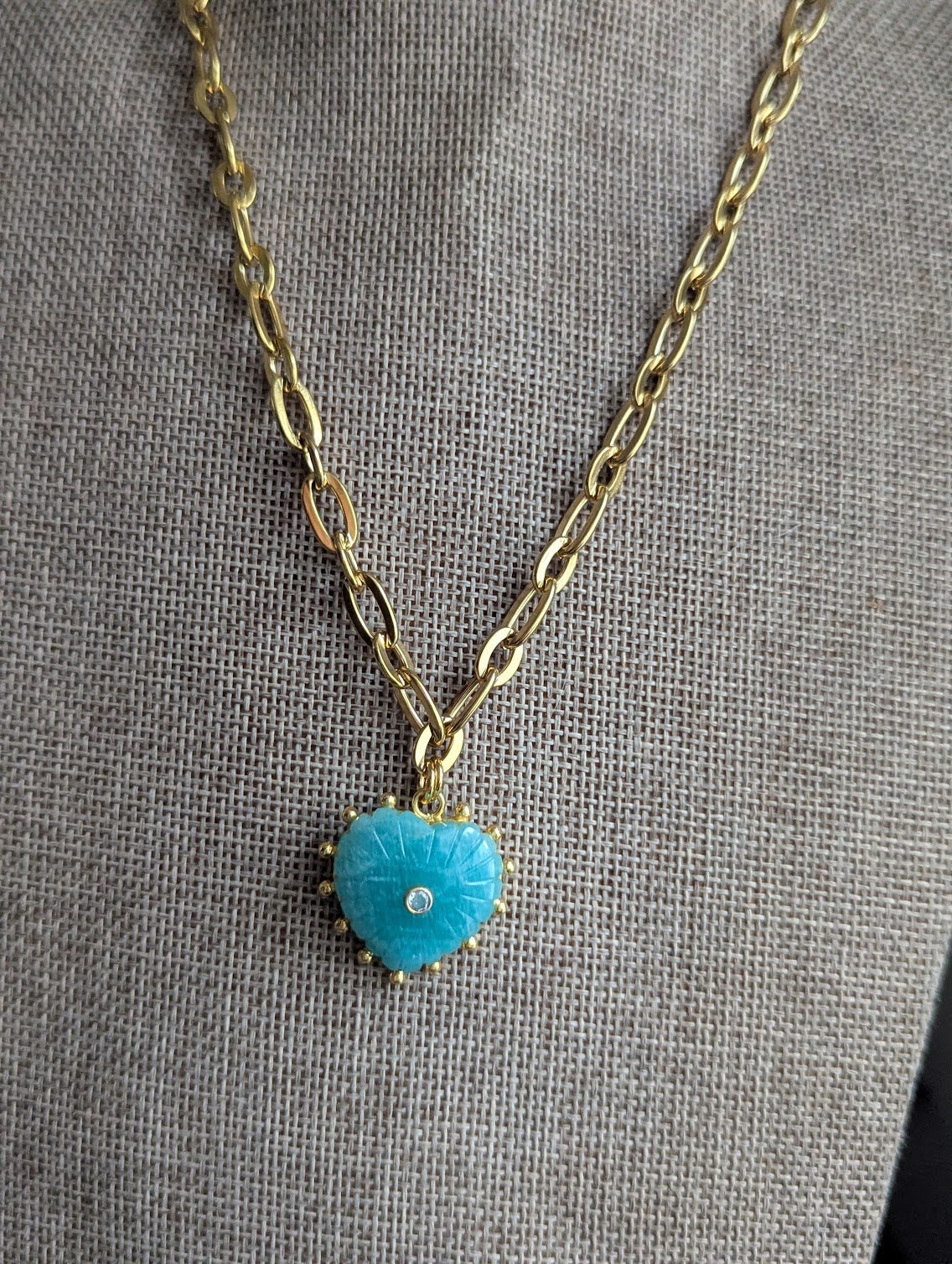Carved Amazonite Large Heart Chunky Gold Necklace
