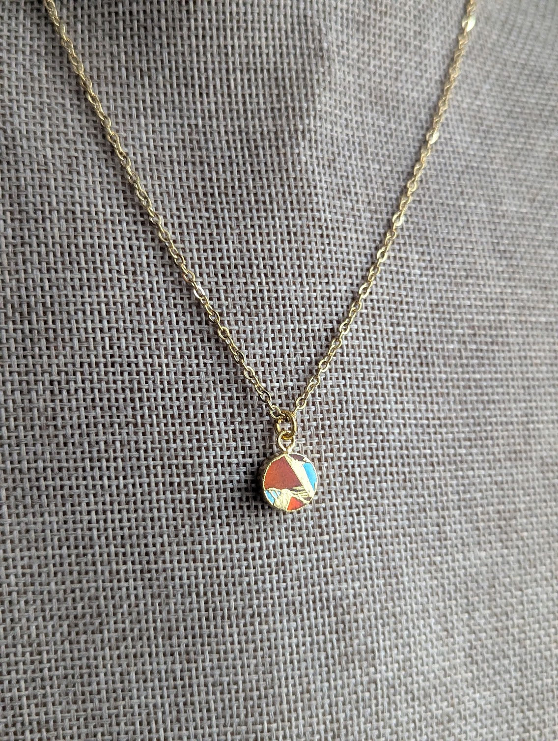 Orange and Turquoise Round Mosaic Gold Necklace