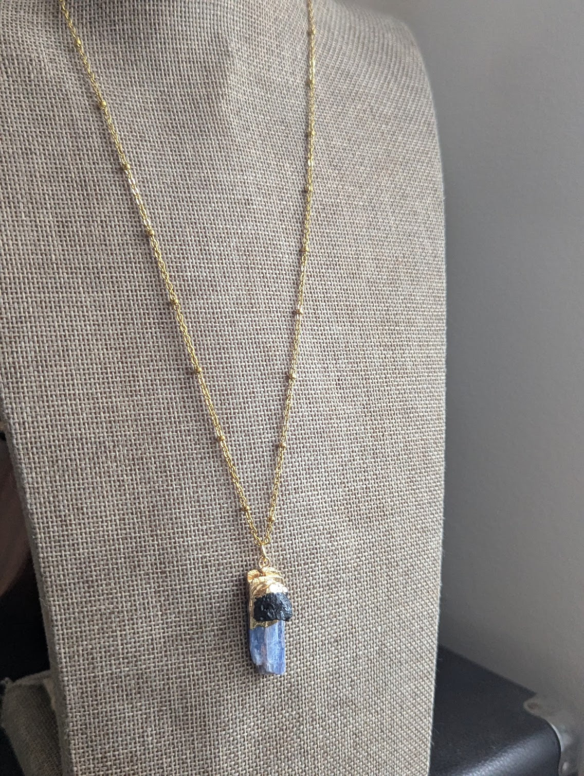 Raw Kyanite and Black Tourmaline Gold Long Necklace