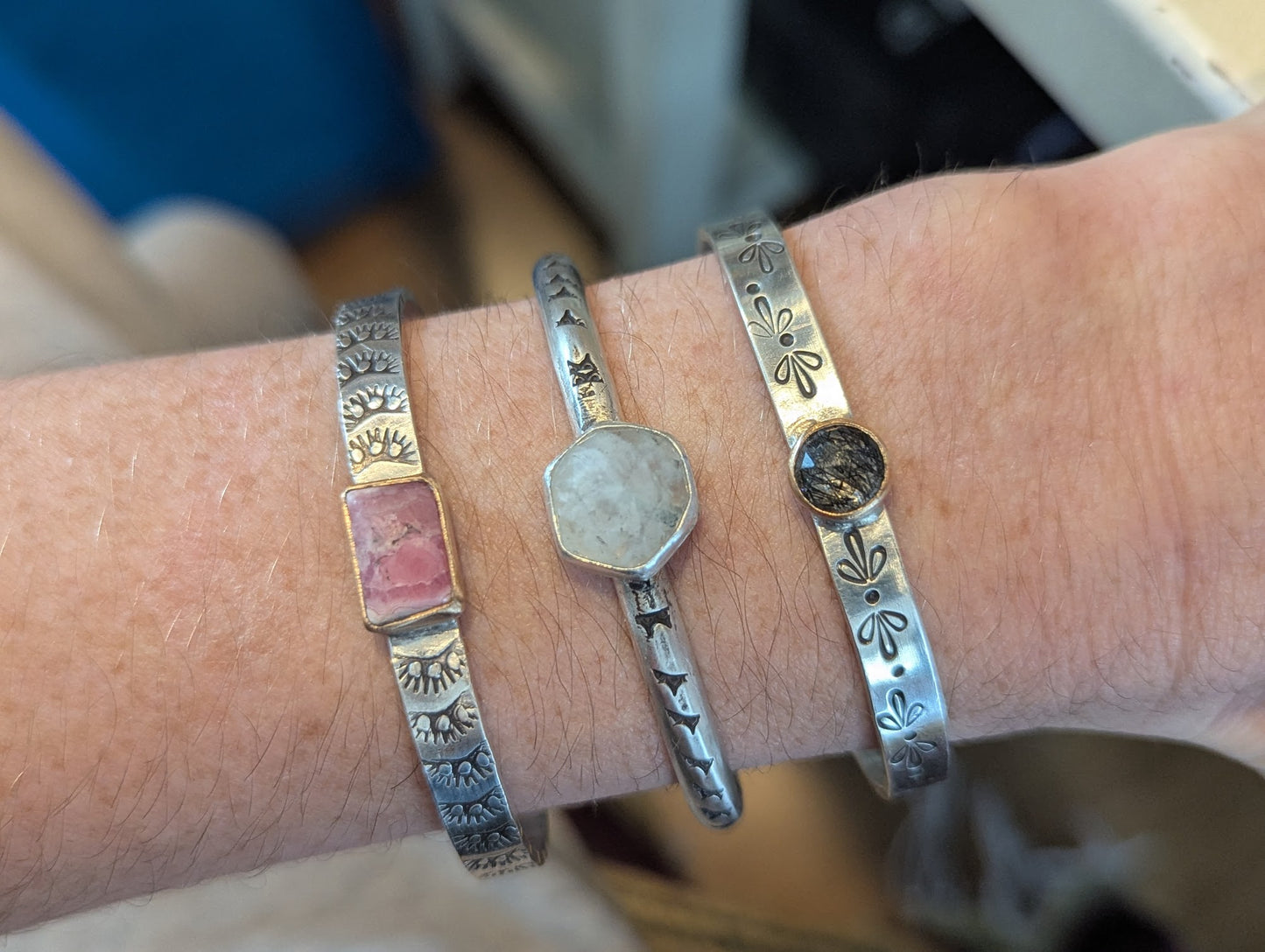 Rhodocrosite Gold and Silver Stamped Mixed Metal Cuff