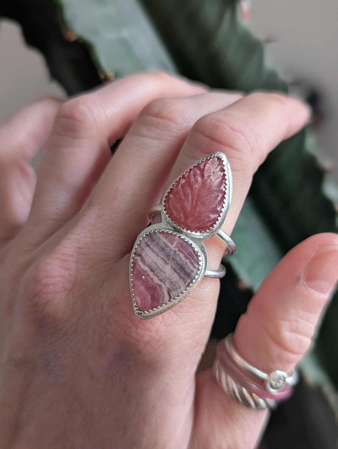 Carved Rhodonite and Rhodocrosite Silver Ring - Size 8.5