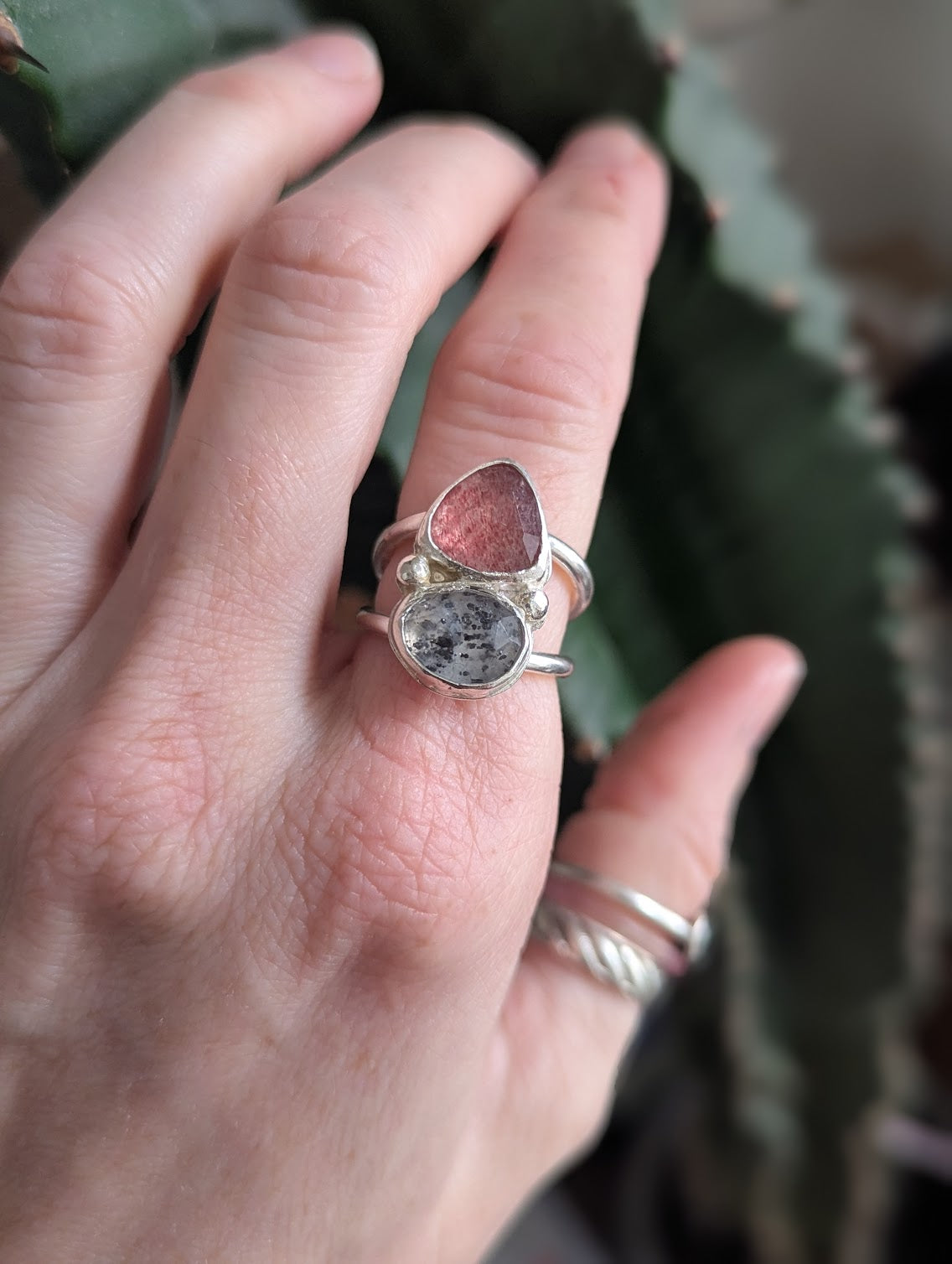 Strawberry Quartz and Dot Rutile Quartz Silver Ring - Size 6